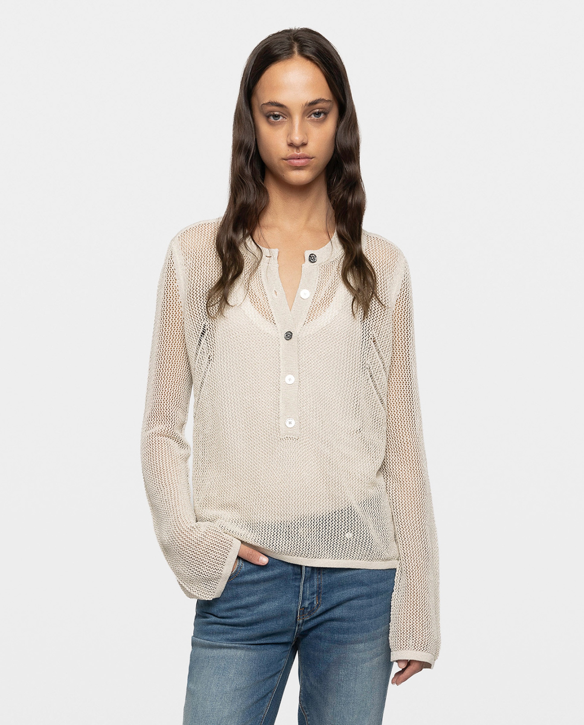 Zadig & Voltaire - Jersey de mujer con diseño mandala, cuello redondo abotonado y mangas largas.