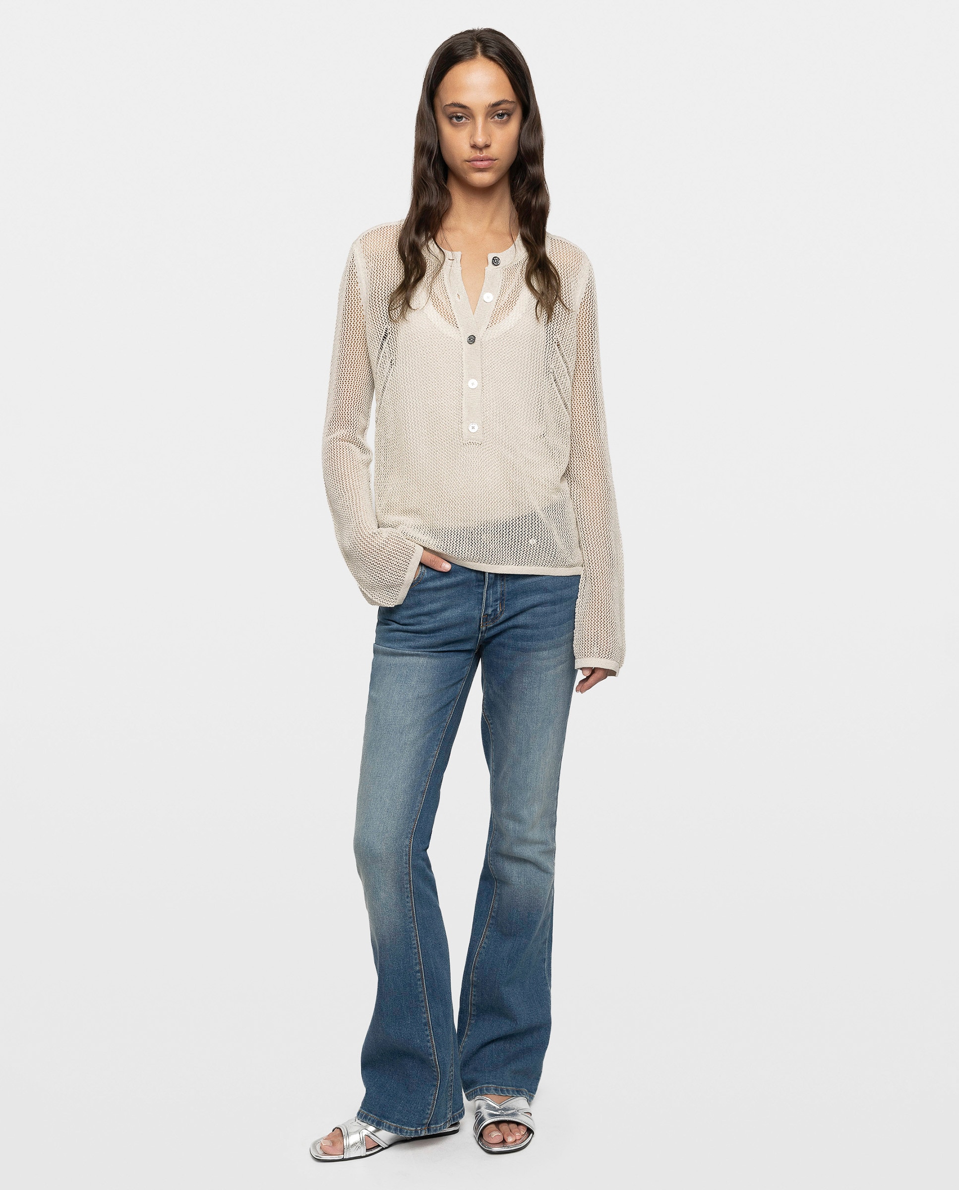 Jersey de mujer con diseño mandala, cuello redondo abotonado y mangas largas - Zadig & Voltaire - Beige Beige-3