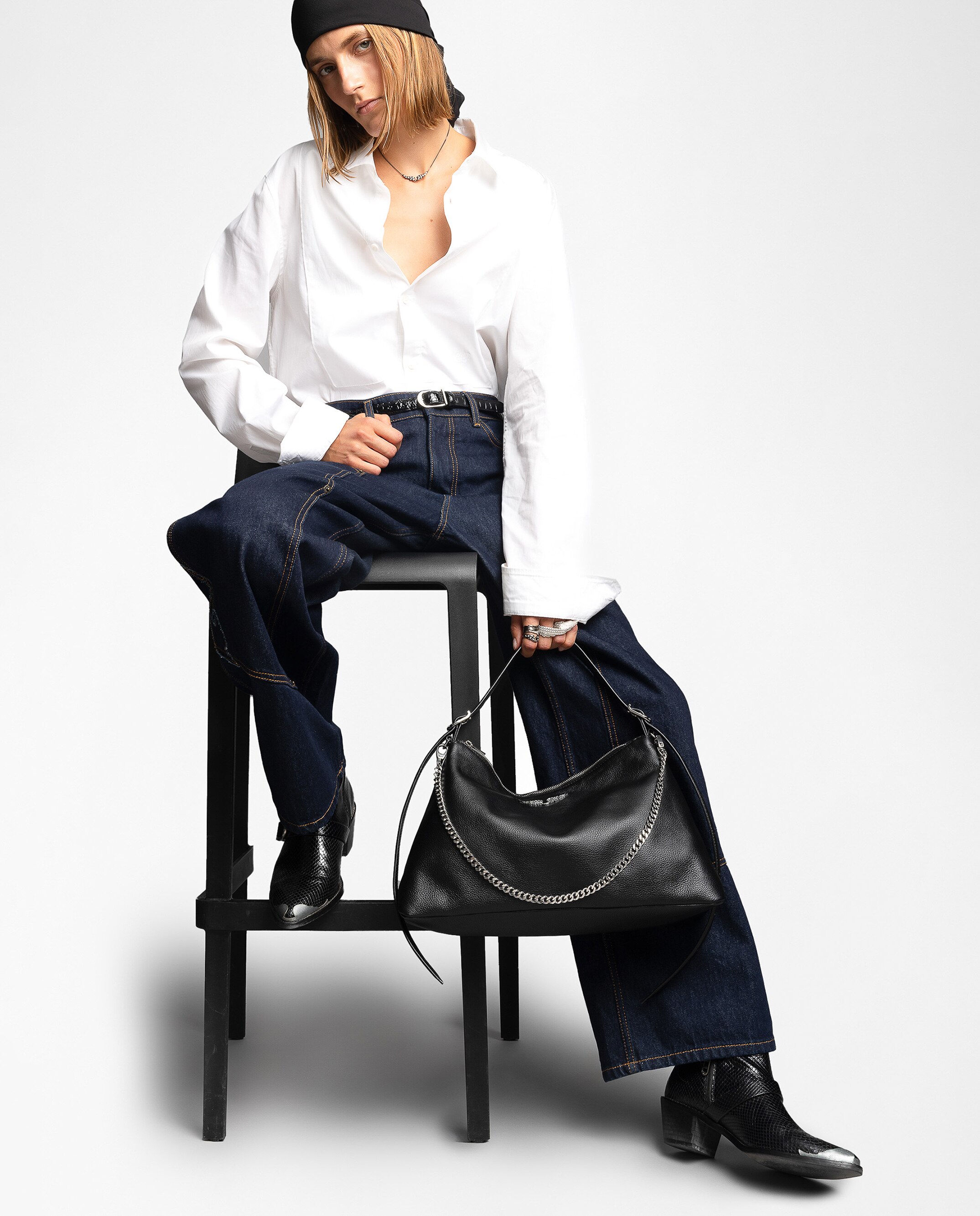 Bolso de mano mediano de piel granulada con cadena y pedrería - Zadig & Voltaire - Negro Negro-3