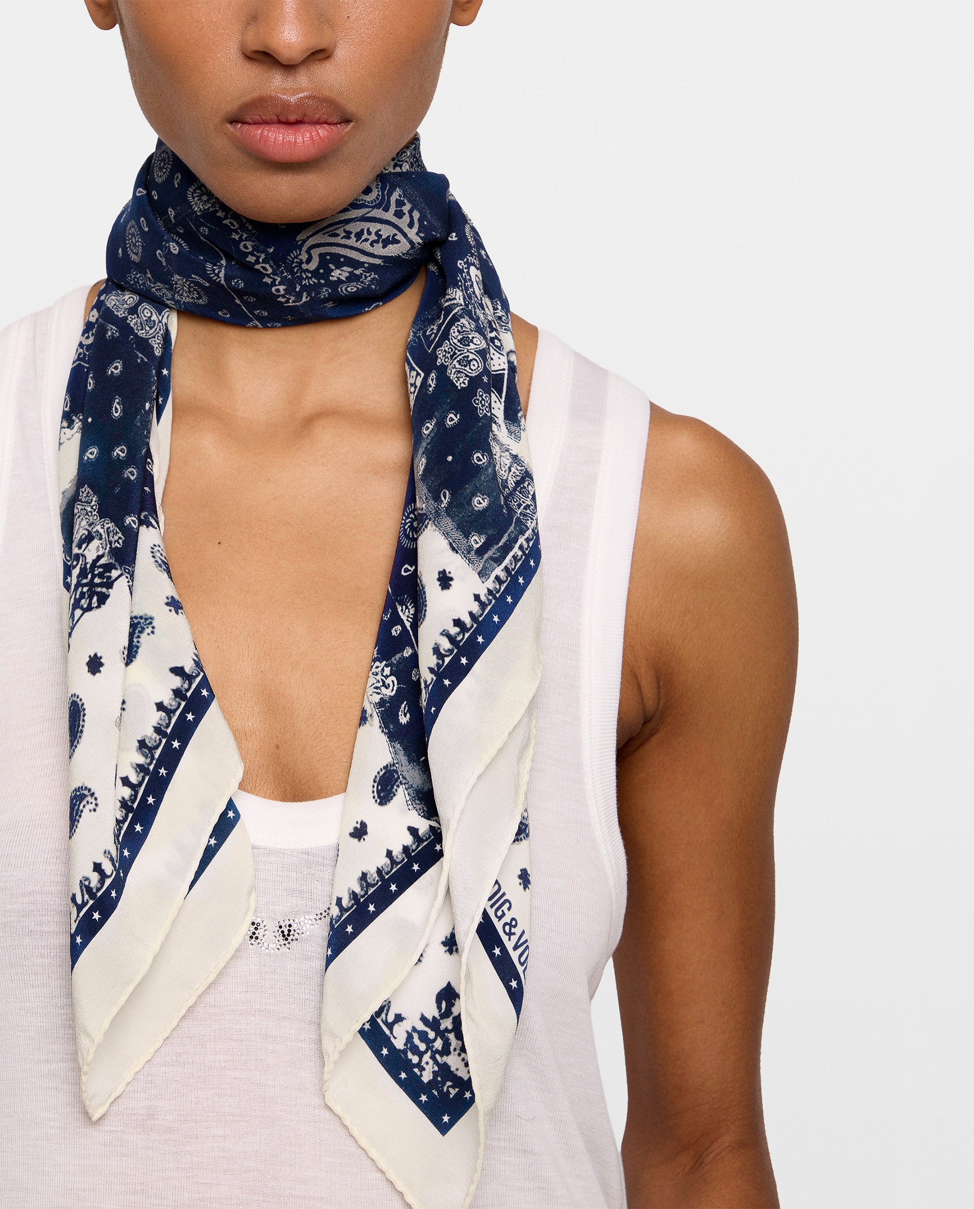 Pañuelo de seda con estampado bandana patchwork estilo denim - Zadig & Voltaire - Blanco Blanco-2