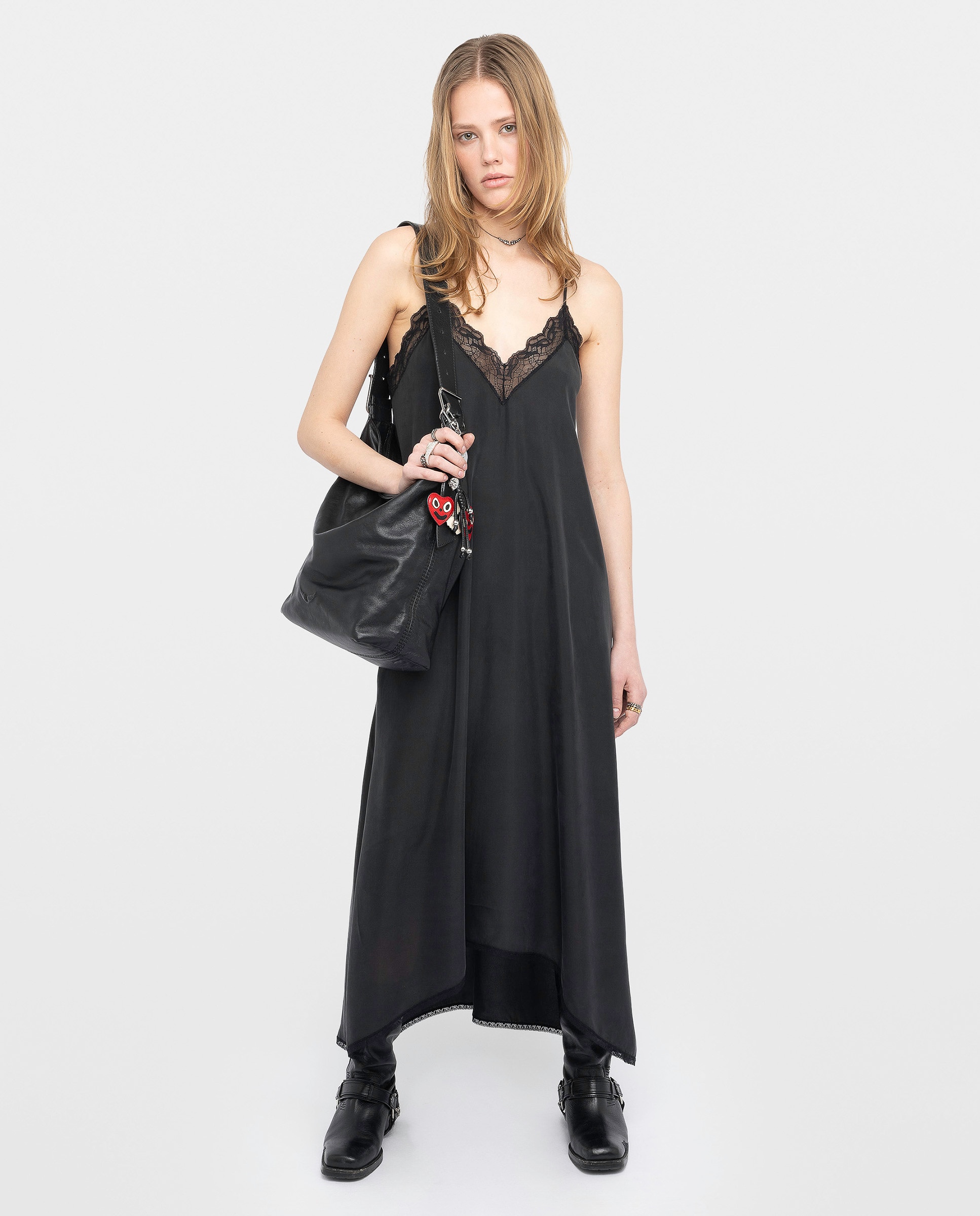 Zadig & Voltaire - Vestido midi 100% seda habotai con tirantes ajustables y encaje francés.