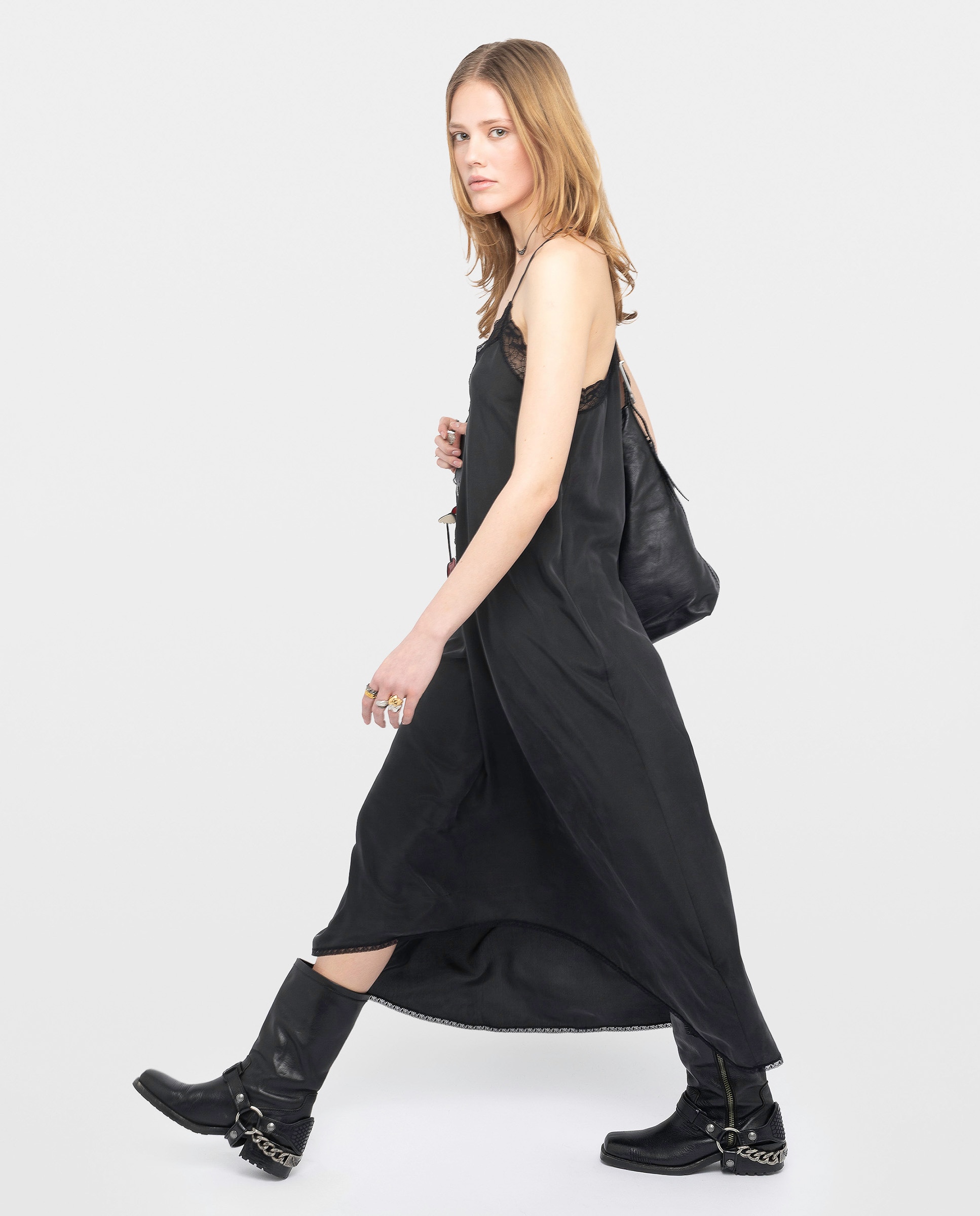Vestido midi 100% seda habotai con tirantes ajustables y encaje francés - Zadig & Voltaire - Negro Negro-2