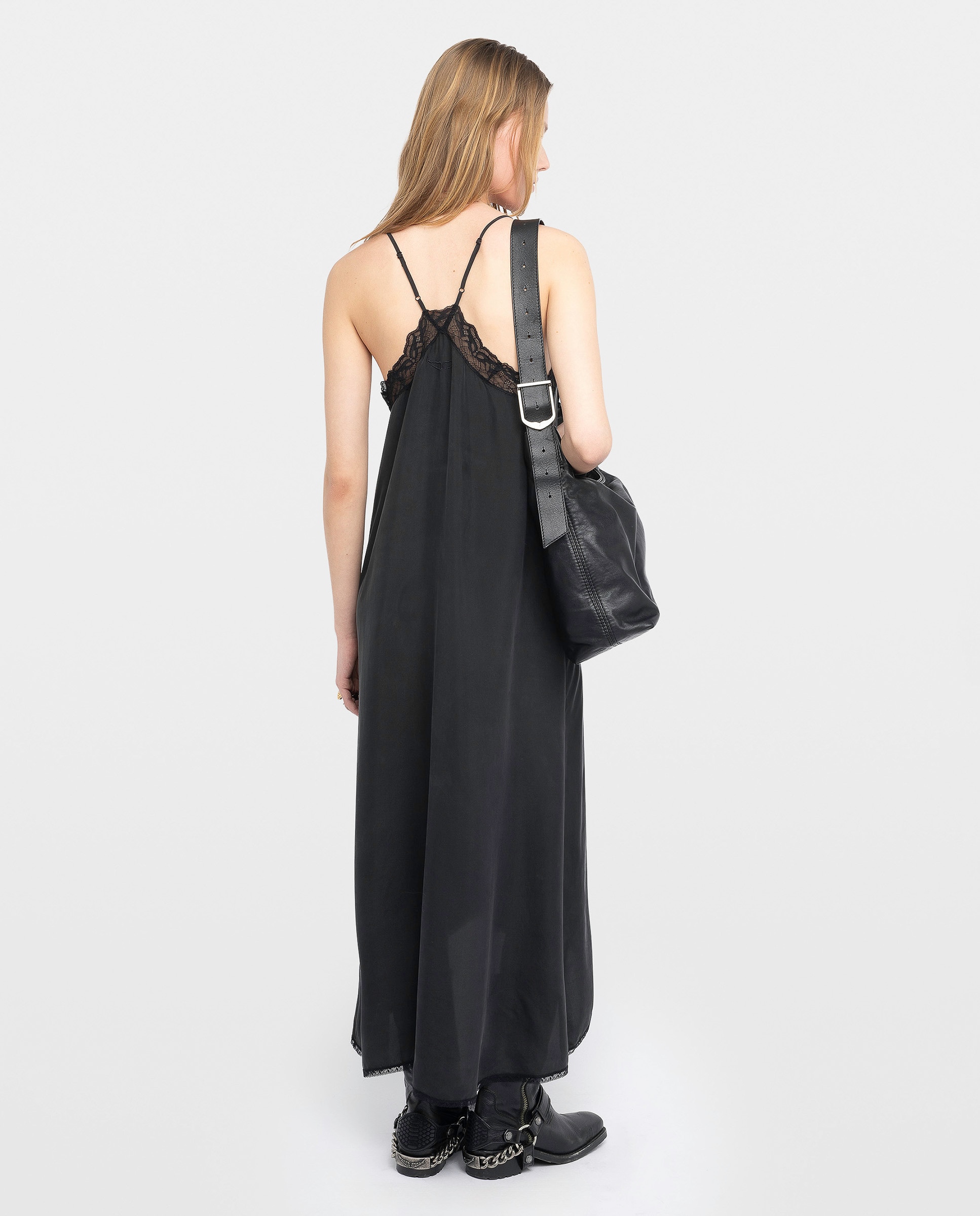 Vestido midi 100% seda habotai con tirantes ajustables y encaje francés - Zadig & Voltaire - Negro Negro-3