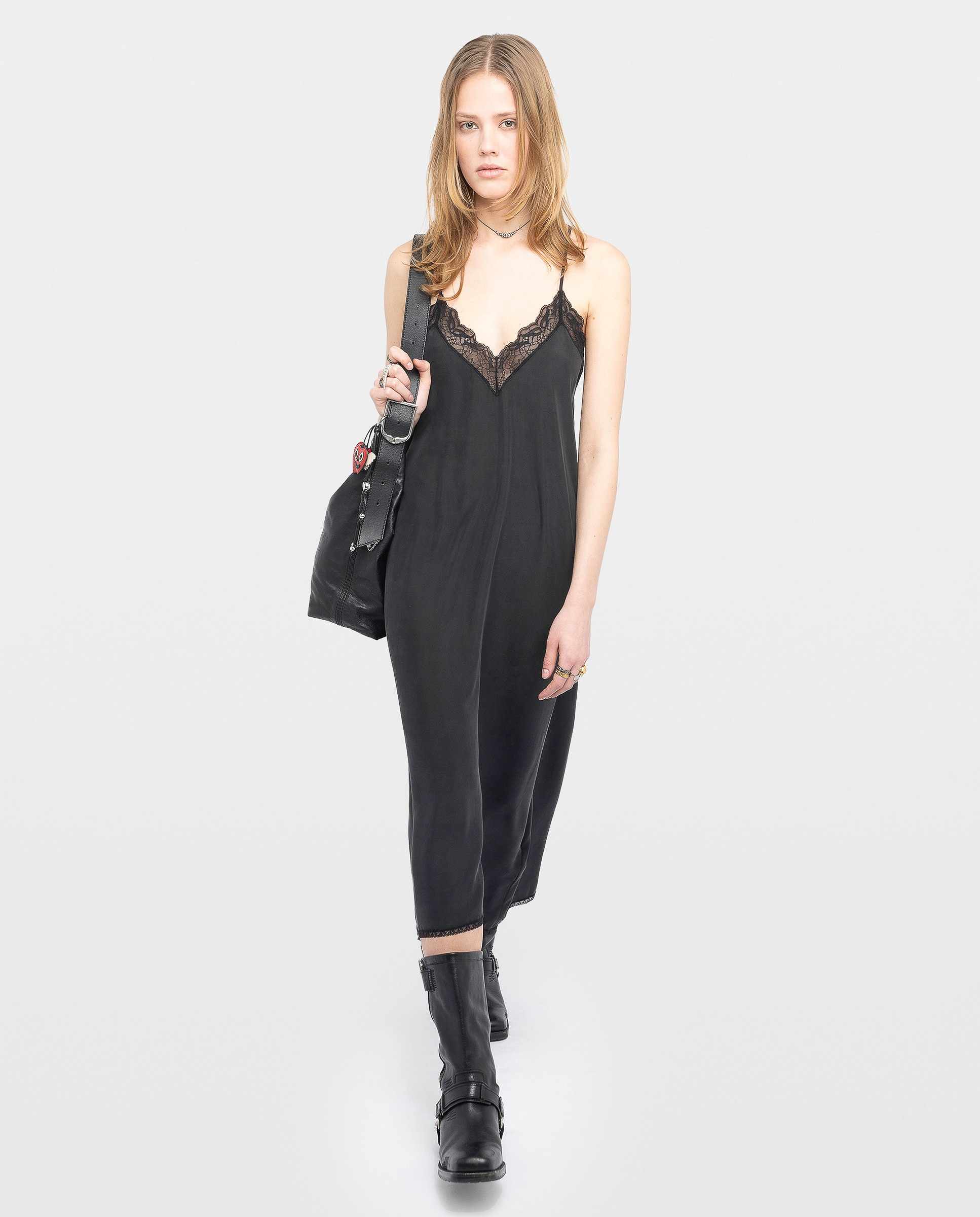 Vestido midi 100% seda habotai con tirantes ajustables y encaje francés - Zadig & Voltaire - Negro Negro-4