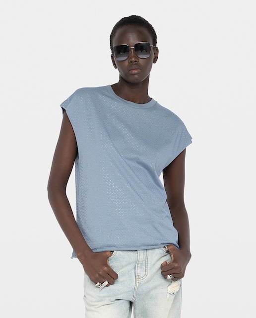 Imagen 0 de Camiseta de mujer sin mangas de algodón con strass