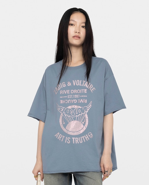 Imagen 0 de Camiseta de mujer de manga corta de algodón con strass