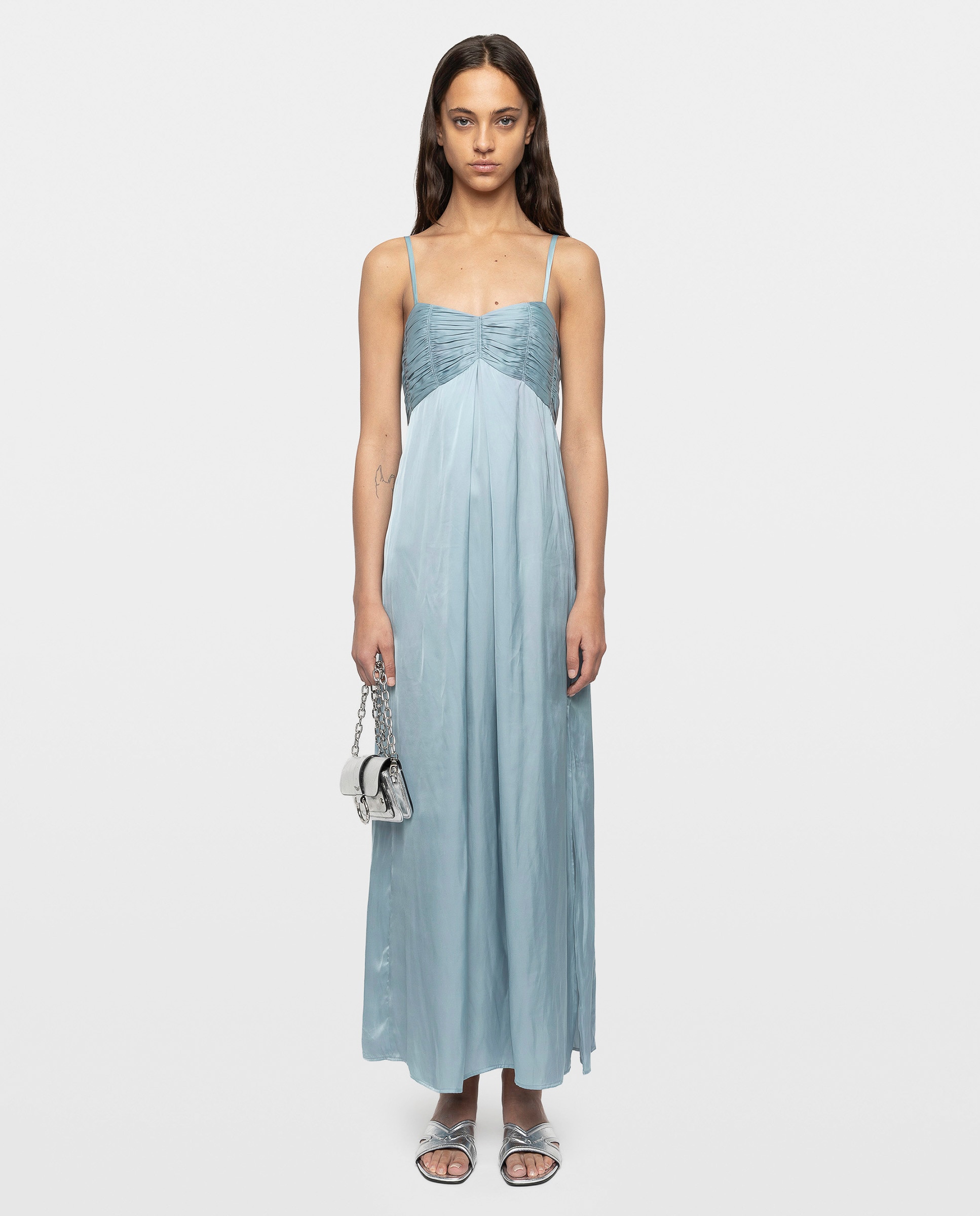 Vestido largo lencero de satén japonés con corpiño plisado - Zadig & Voltaire - Azul Azul-1