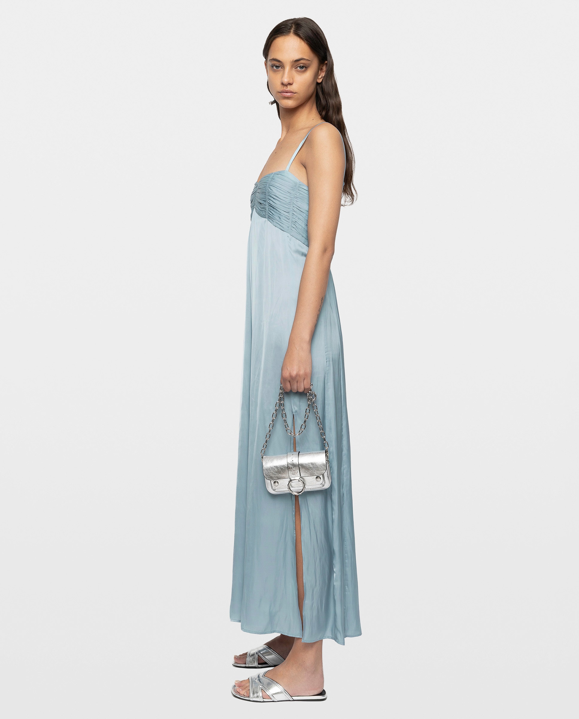 Vestido largo lencero de satén japonés con corpiño plisado - Zadig & Voltaire - Azul Azul-2