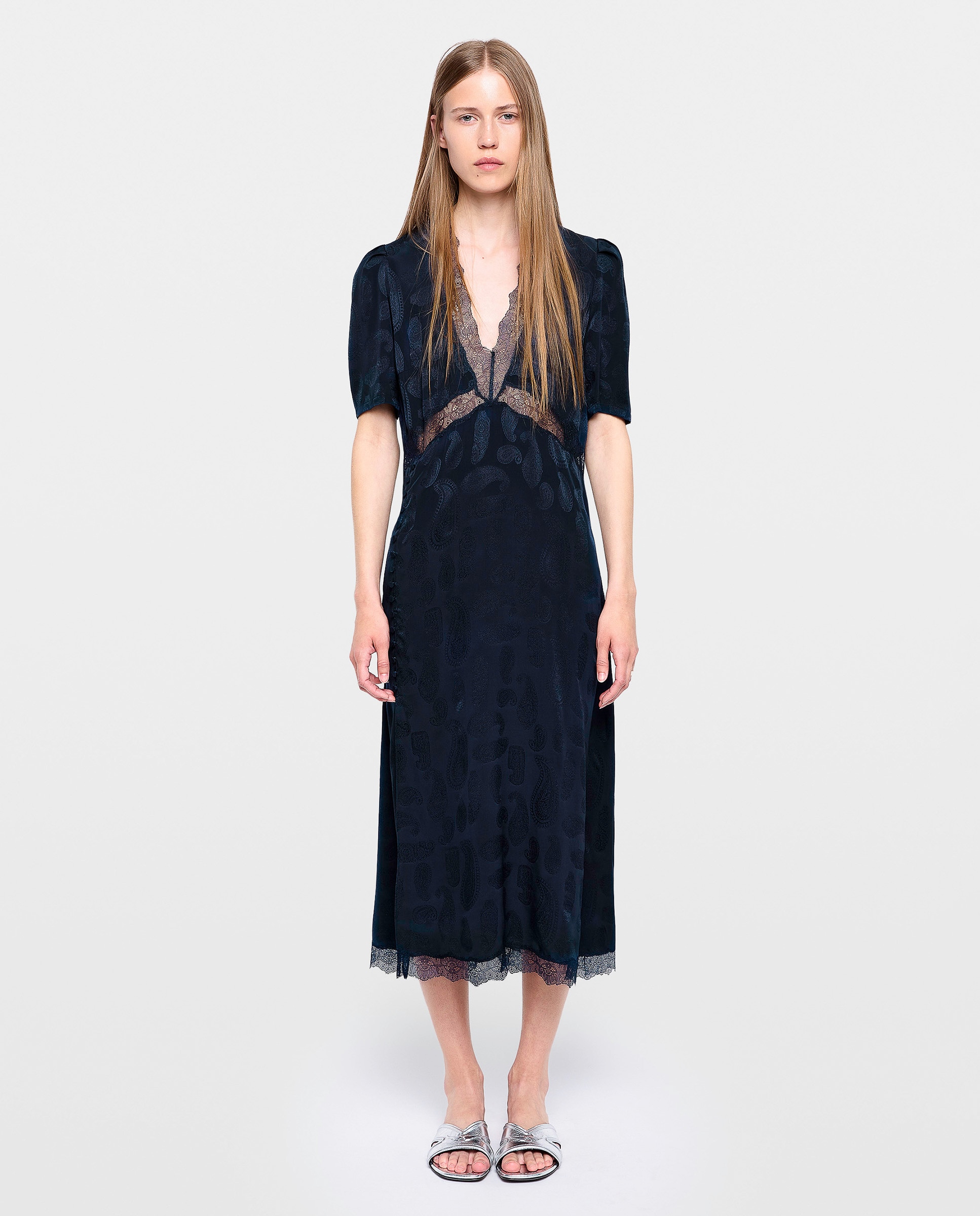 Vestido midi 100% seda de mangas cortas con encaje - Zadig & Voltaire - Azul marino Azul marino-1
