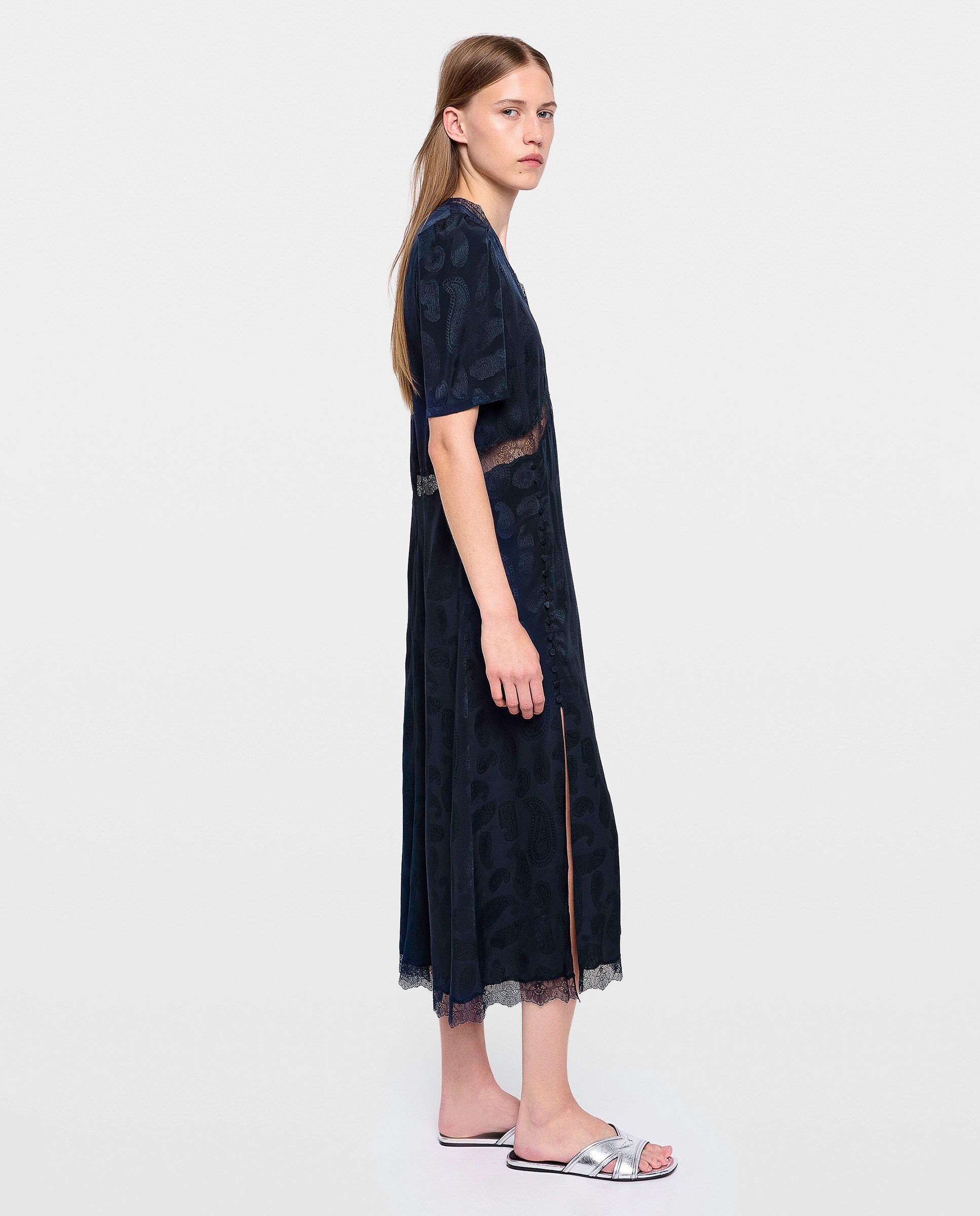 Vestido midi 100% seda de mangas cortas con encaje - Zadig & Voltaire - Azul marino Azul marino-2