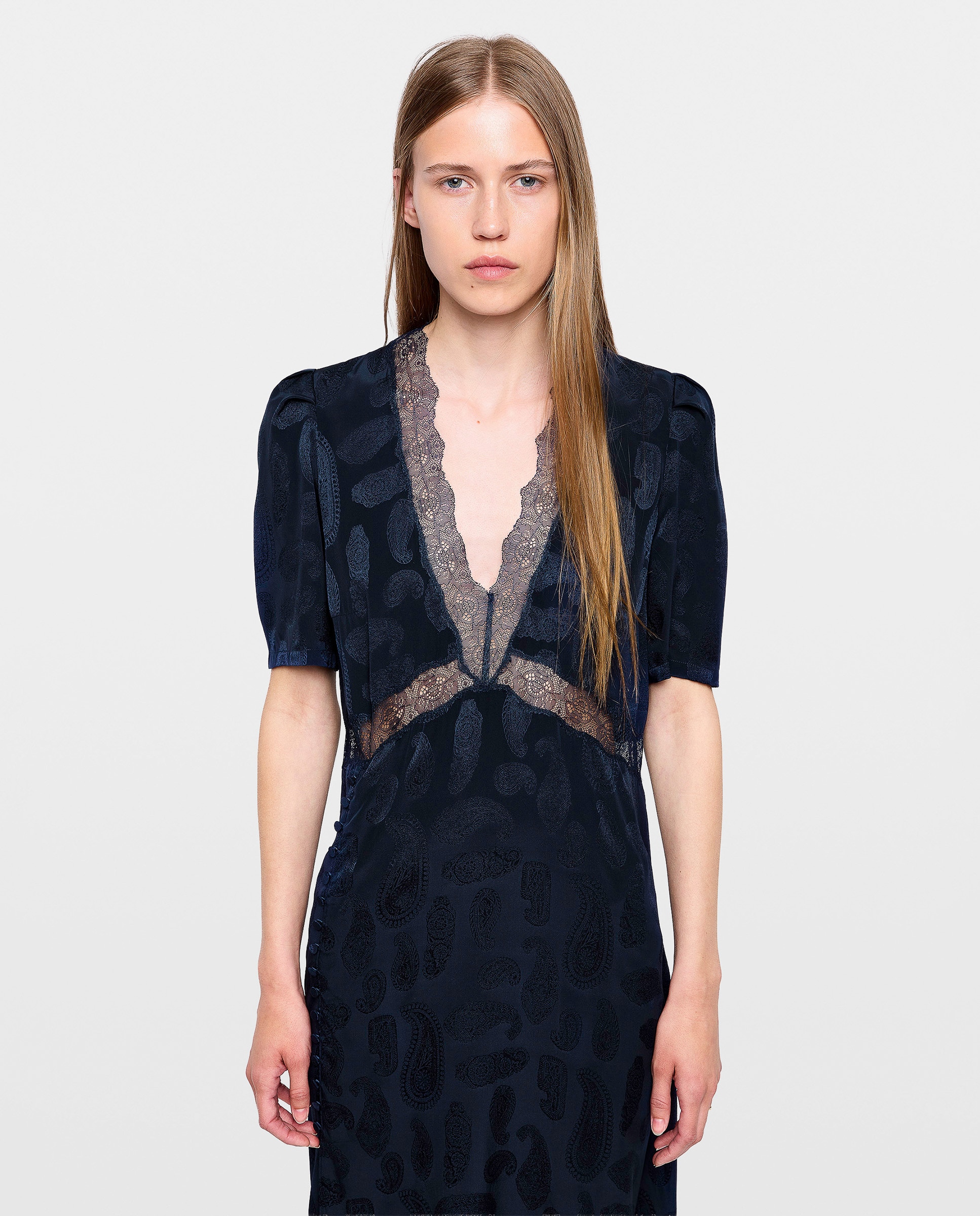 Vestido midi 100% seda de mangas cortas con encaje - Zadig & Voltaire - Azul marino Azul marino-4