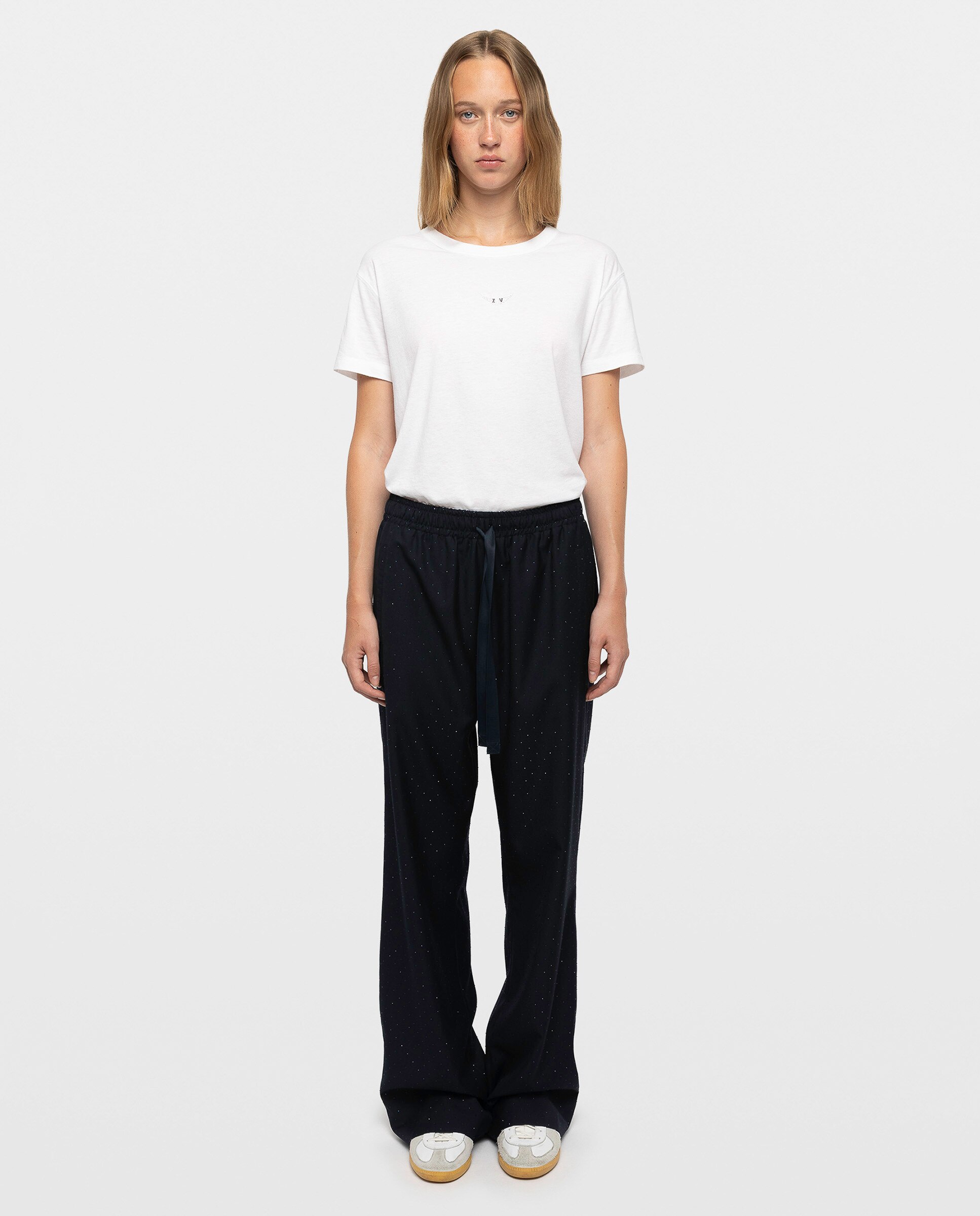 Imagen 0 de Pantalones anchos de mujer con cintura elástica y strass Azul marino