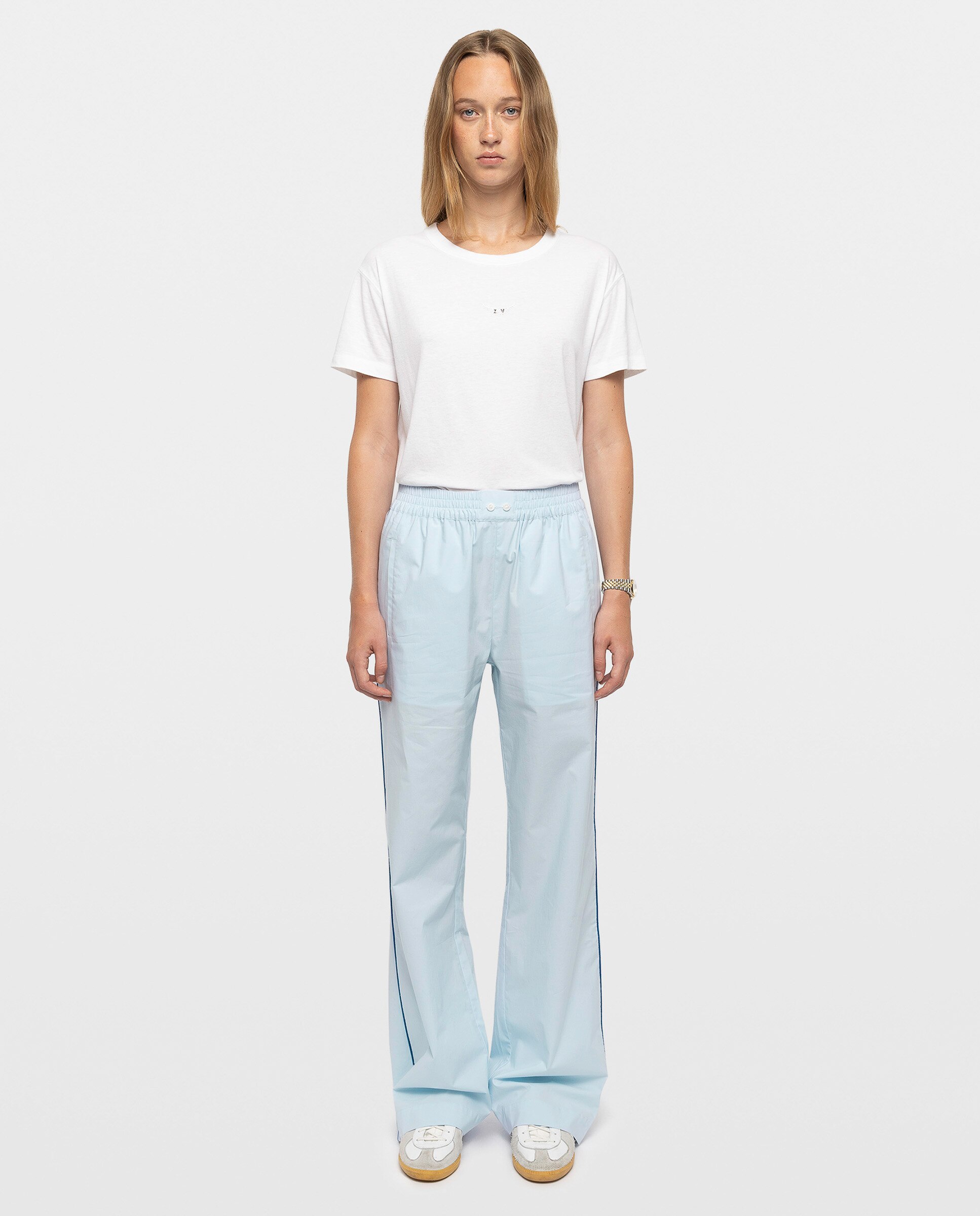 Imagen 0 de Pantalones rectos estilo jogging de algodón de mujer Azul claro