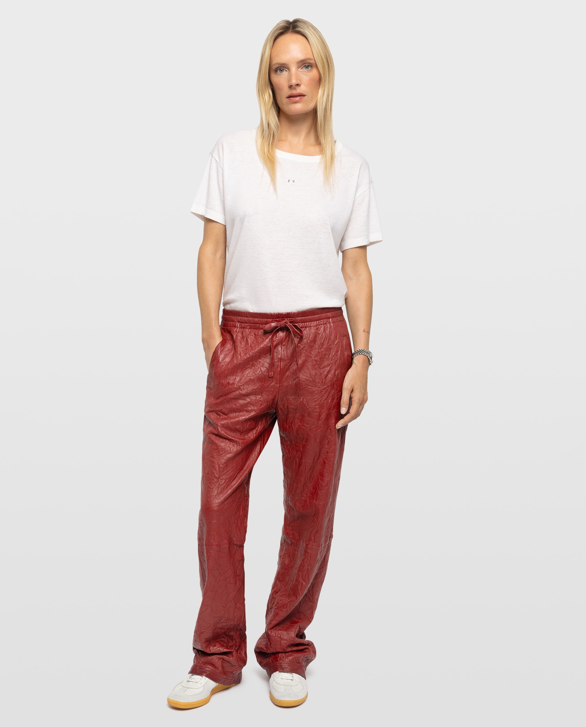 Pantalones de mujer de piel arrugada rectos de cintura elástica - Zadig & Voltaire - Rojo Rojo-1