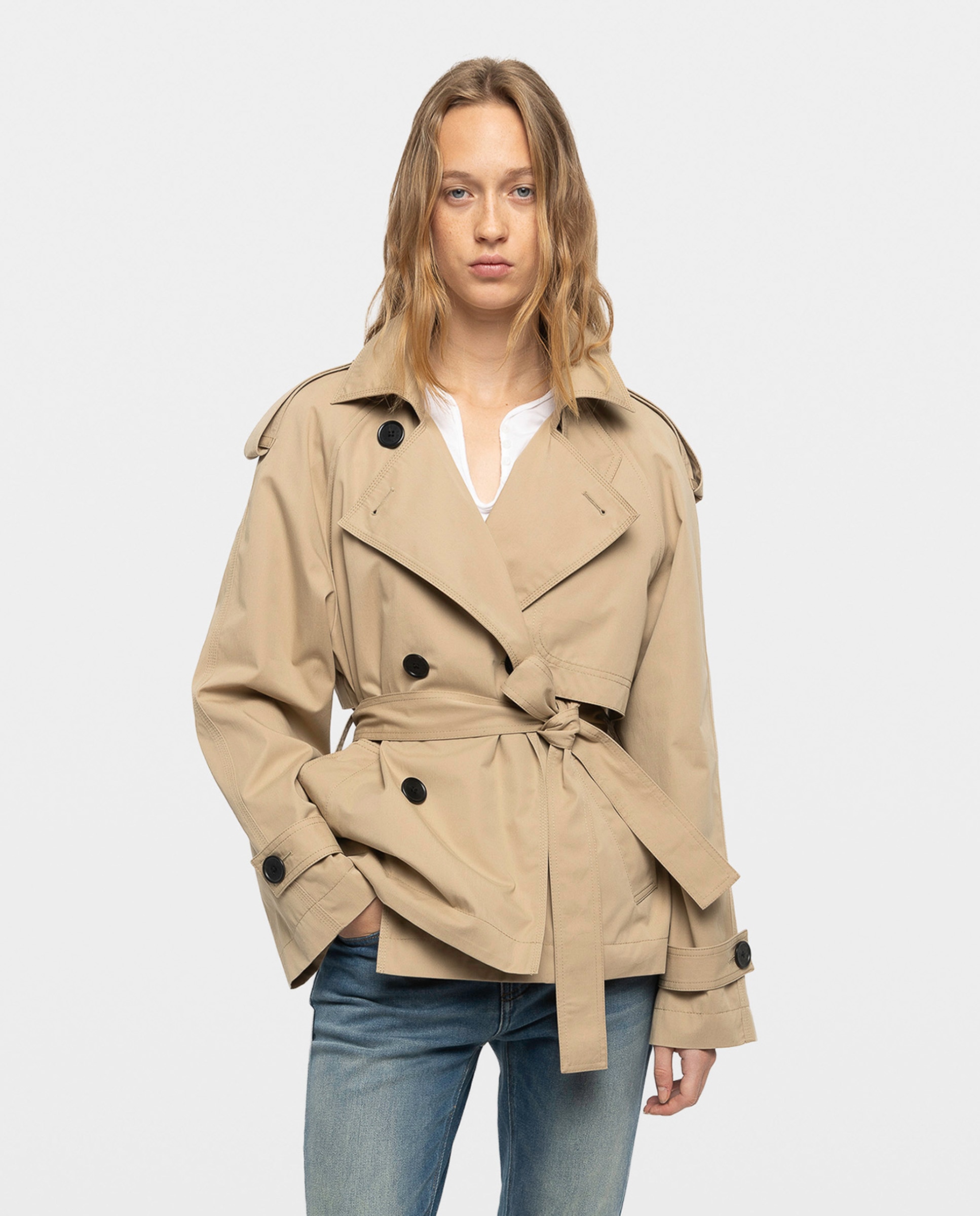 Gabardina de mujer corta de manga larga en algodón con doble botonadura y cinturón - Zadig & Voltaire - Beige Beige-1