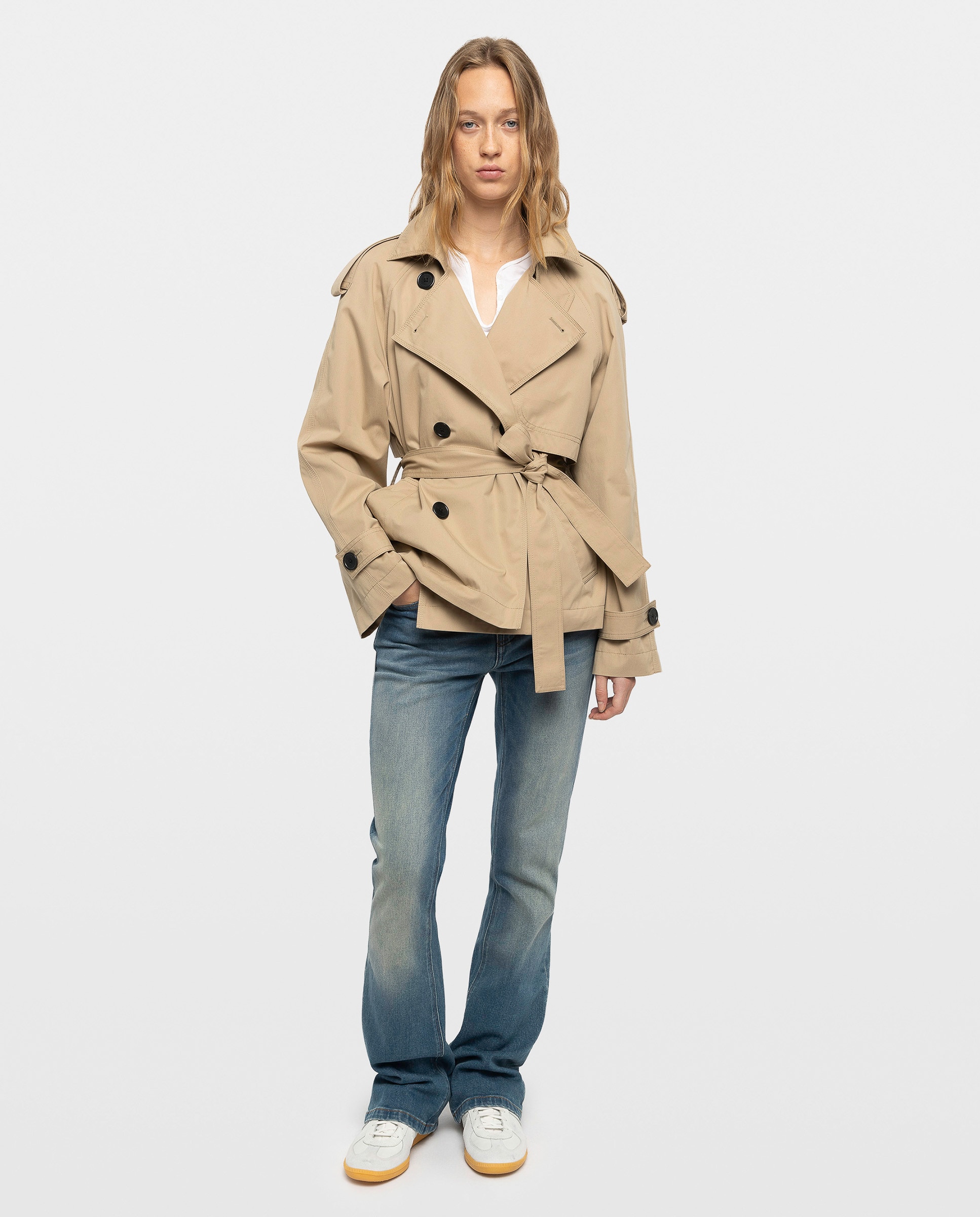 Gabardina de mujer corta de manga larga en algodón con doble botonadura y cinturón - Zadig & Voltaire - Beige Beige-3