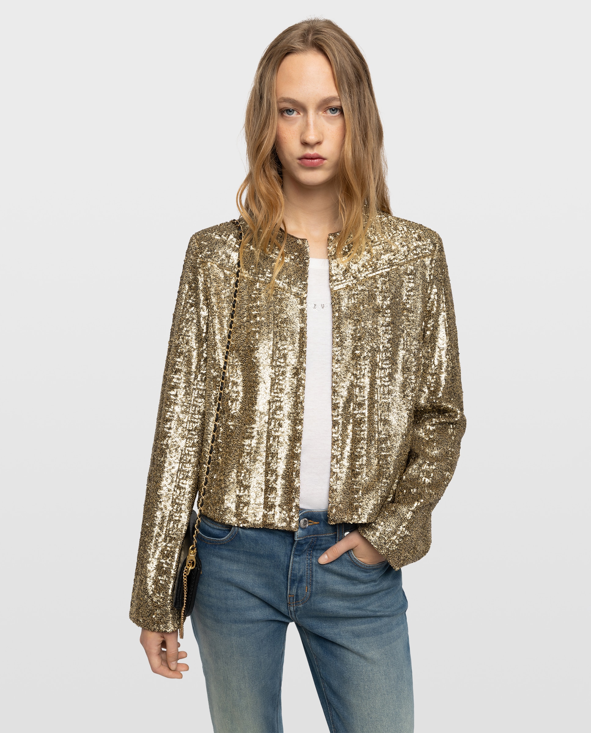 Imagen 0 de Chaqueta de mujer corta de manga larga con lentejuelas Oro