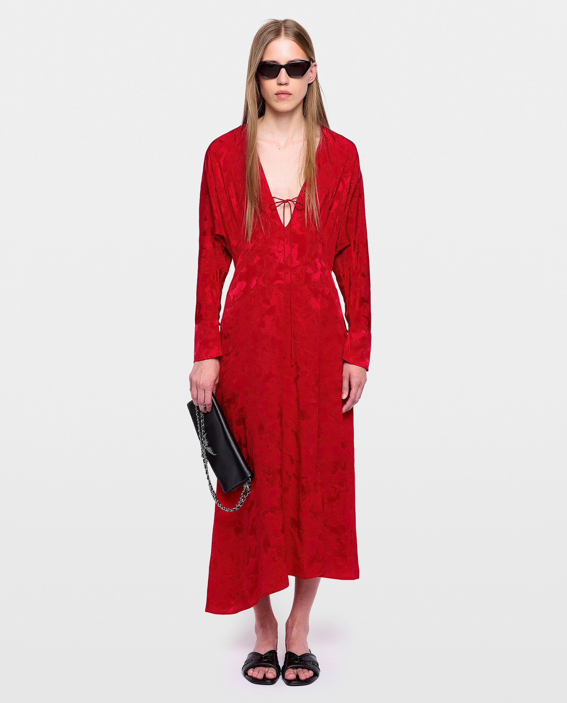 Vestido midi 100% seda asimétrico con mangas largas - Zadig & Voltaire - Verde Rojo-1