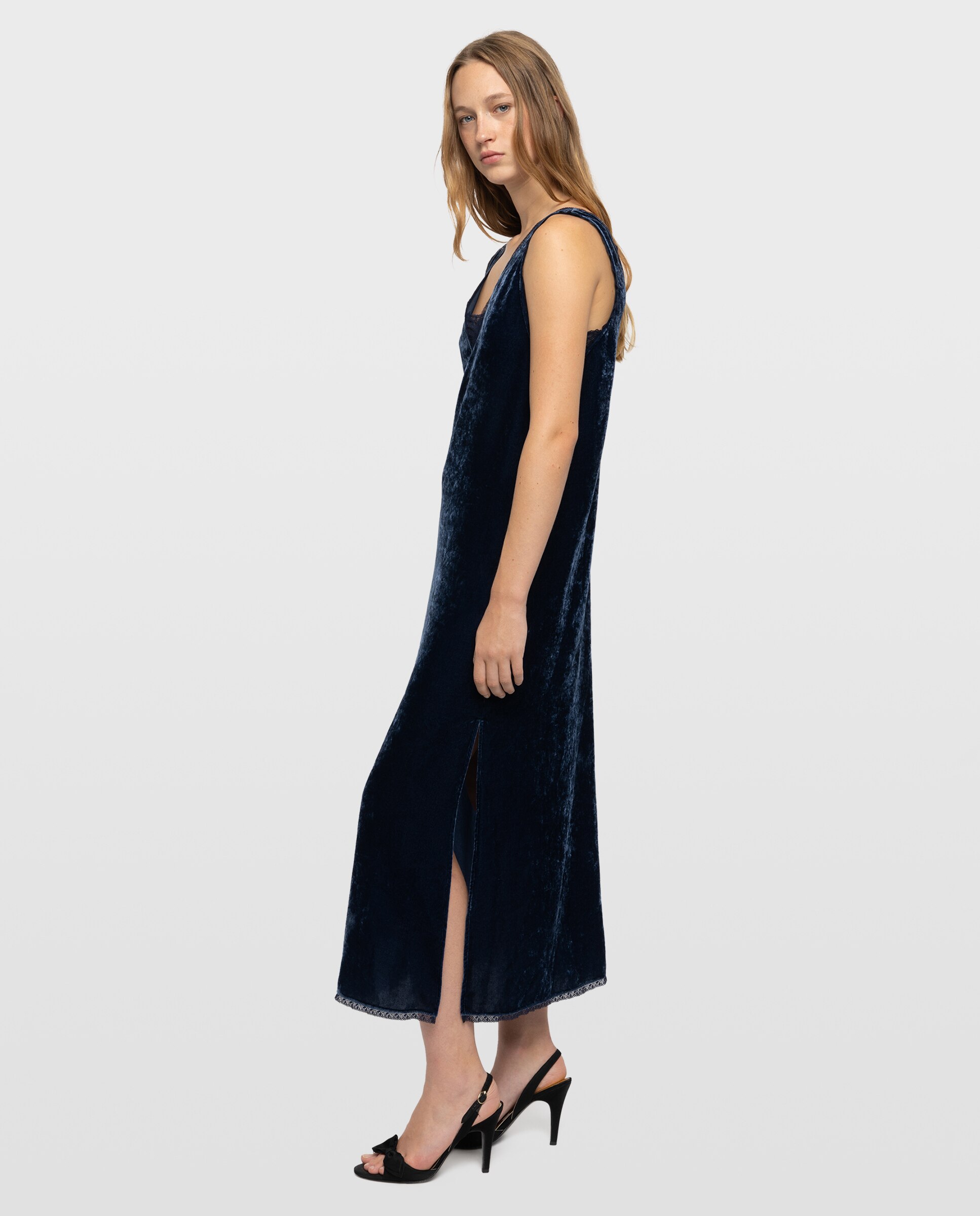 Vestido midi de terciopelo satinado lencero con encaje sin mangas - Zadig & Voltaire - Azul marino Azul marino-2