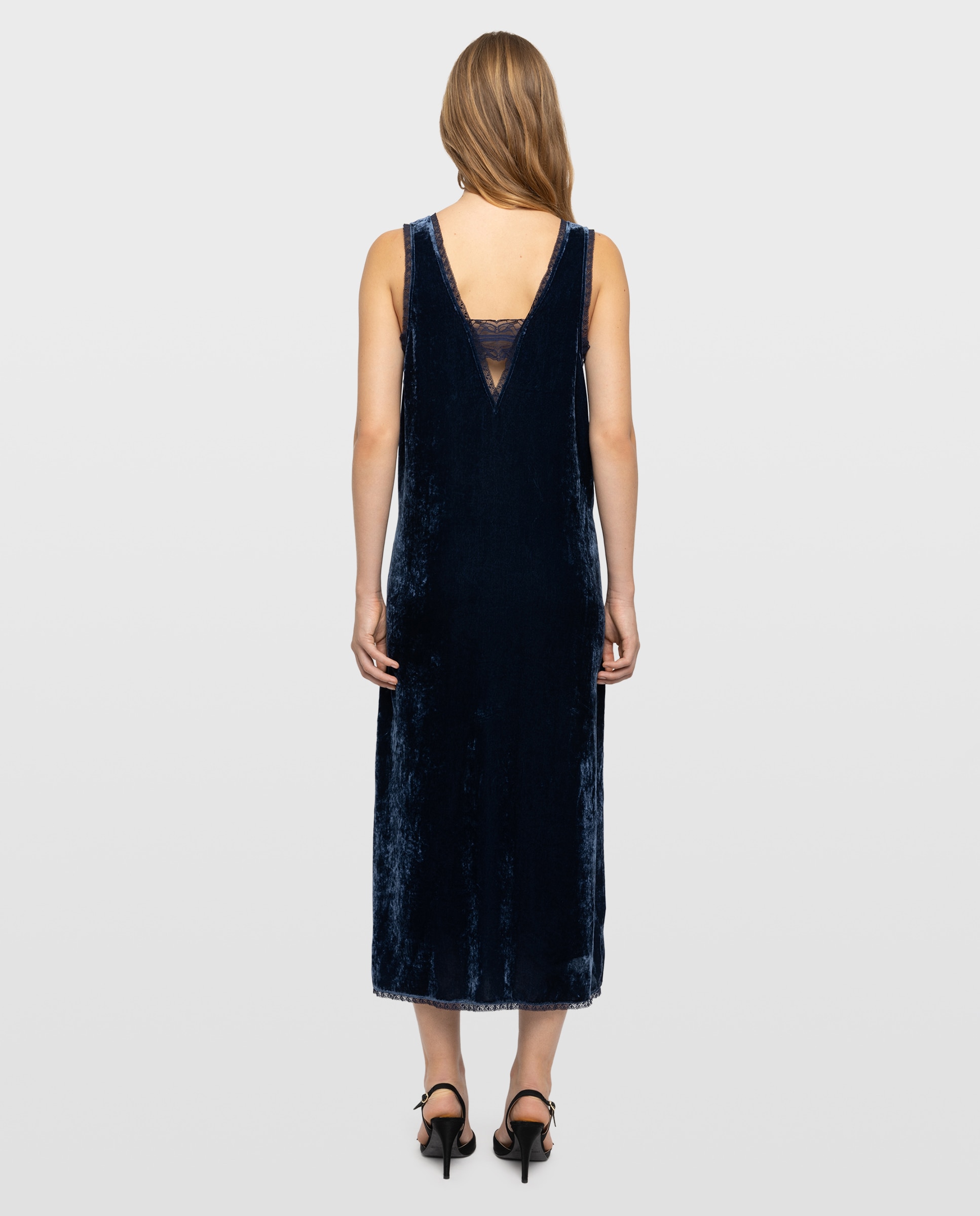 Vestido midi de terciopelo satinado lencero con encaje sin mangas - Zadig & Voltaire - Azul marino Azul marino-3