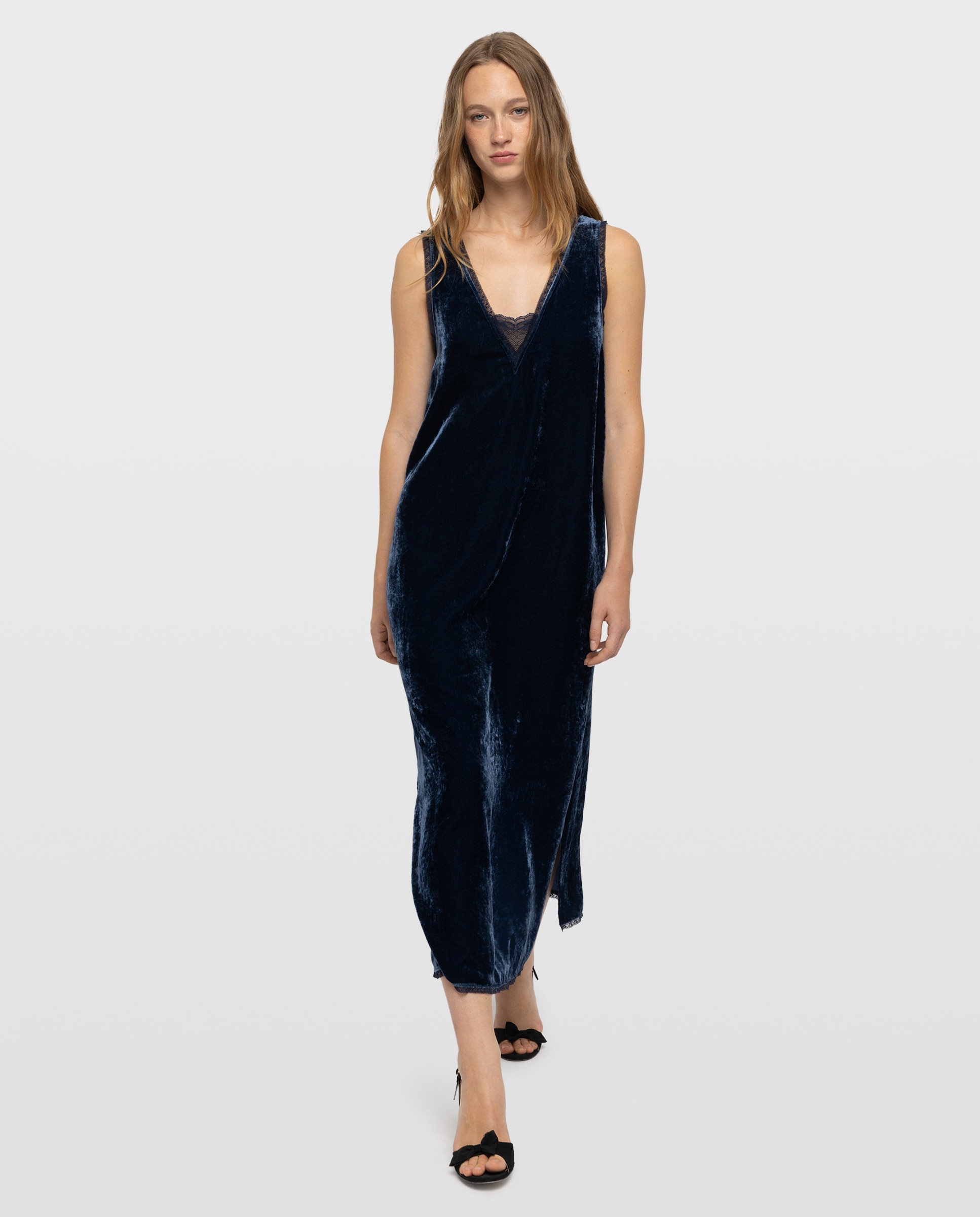 Vestido midi de terciopelo satinado lencero con encaje sin mangas - Zadig & Voltaire - Azul marino Azul marino-4