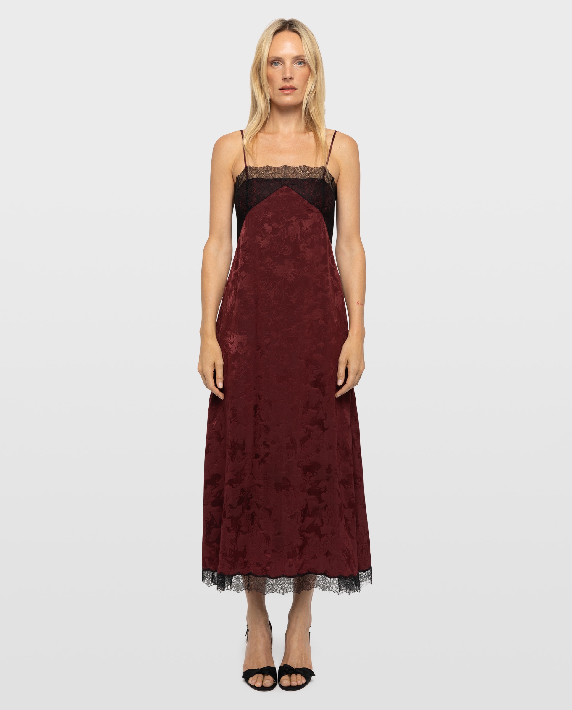 Vestido midi 100% seda estilo lencero con encaje y tirantes ajustables - Zadig & Voltaire - Rojo Rojo-1