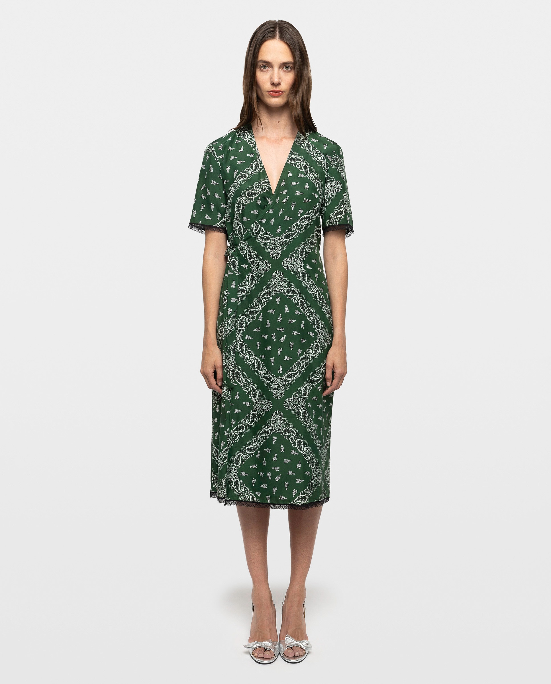 Vestido midi asimétrico 100% seda estampada mangas cortas cruzado - Zadig & Voltaire - Verde Verde-1