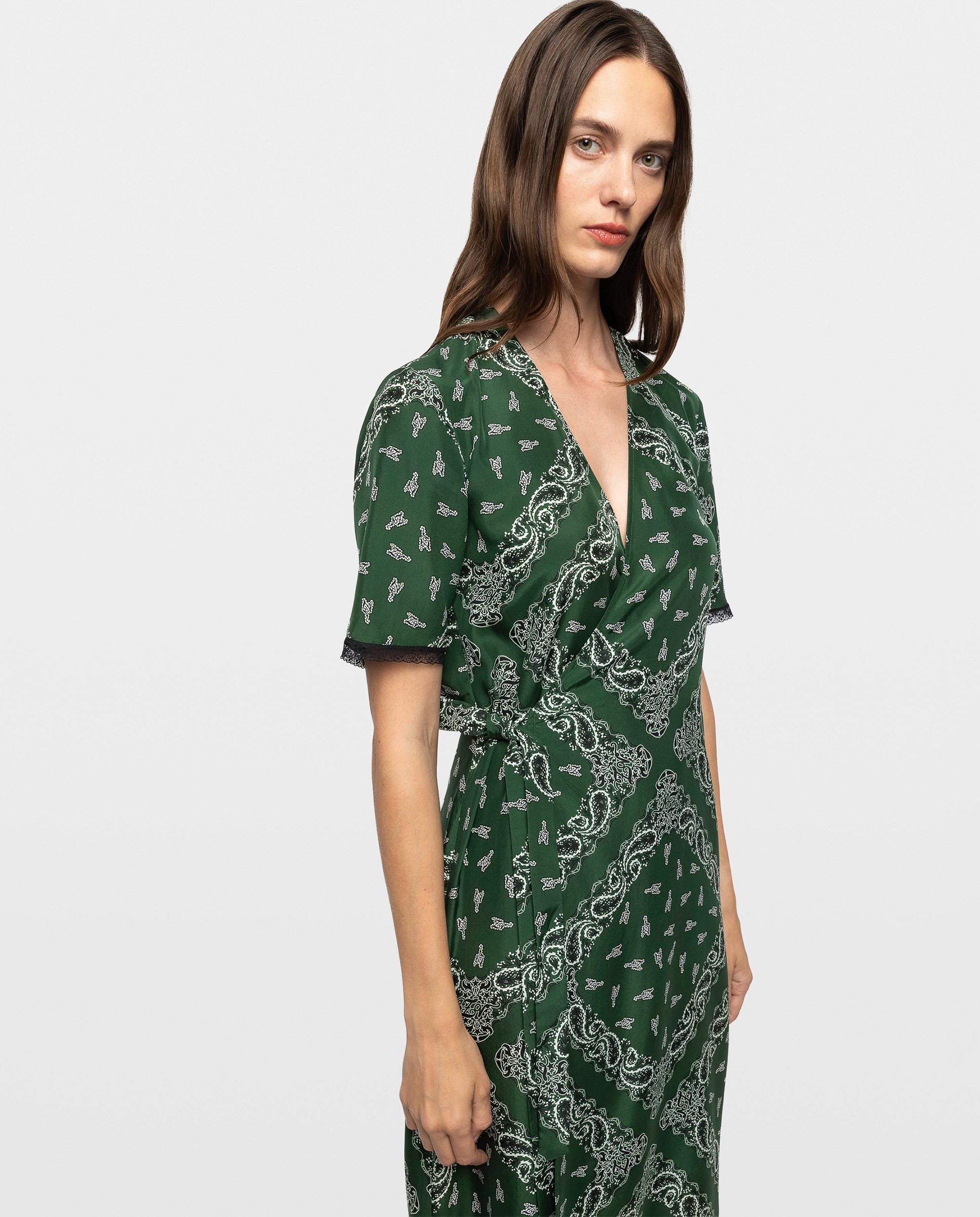 Vestido midi asimétrico 100% seda estampada mangas cortas cruzado - Zadig & Voltaire - Verde Verde-3