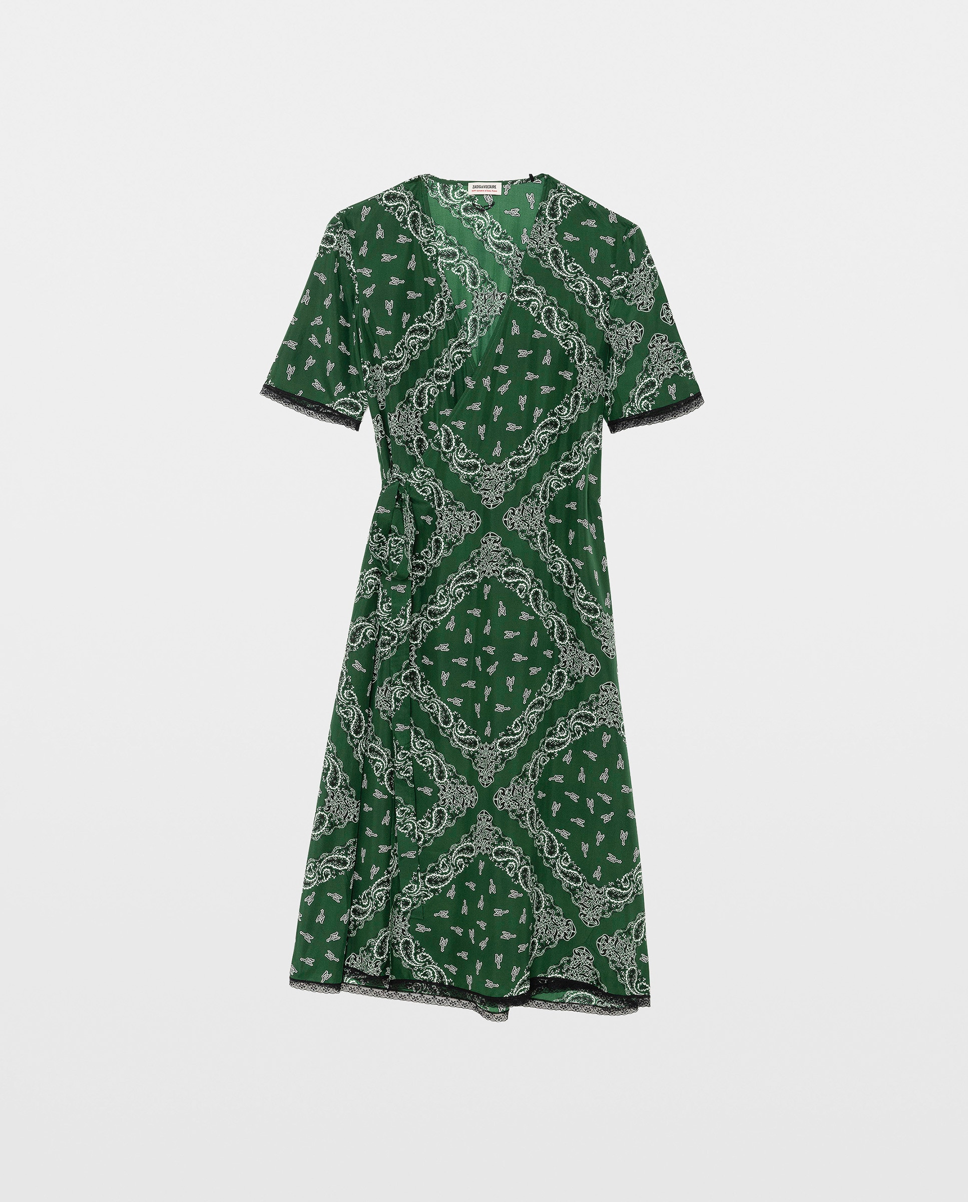 Vestido midi asimétrico 100% seda estampada mangas cortas cruzado - Zadig & Voltaire - Verde Verde-4