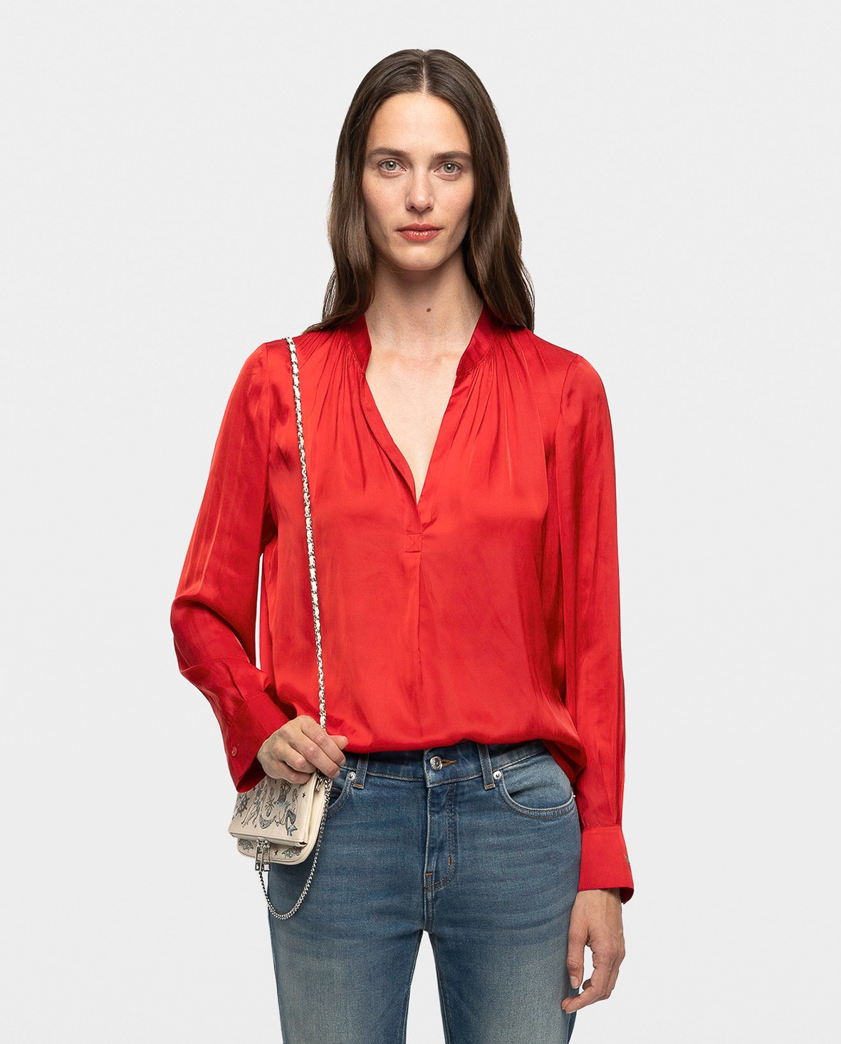 Blusa de mujer Tink satinada con escote de pico - Rojo Rojo-1