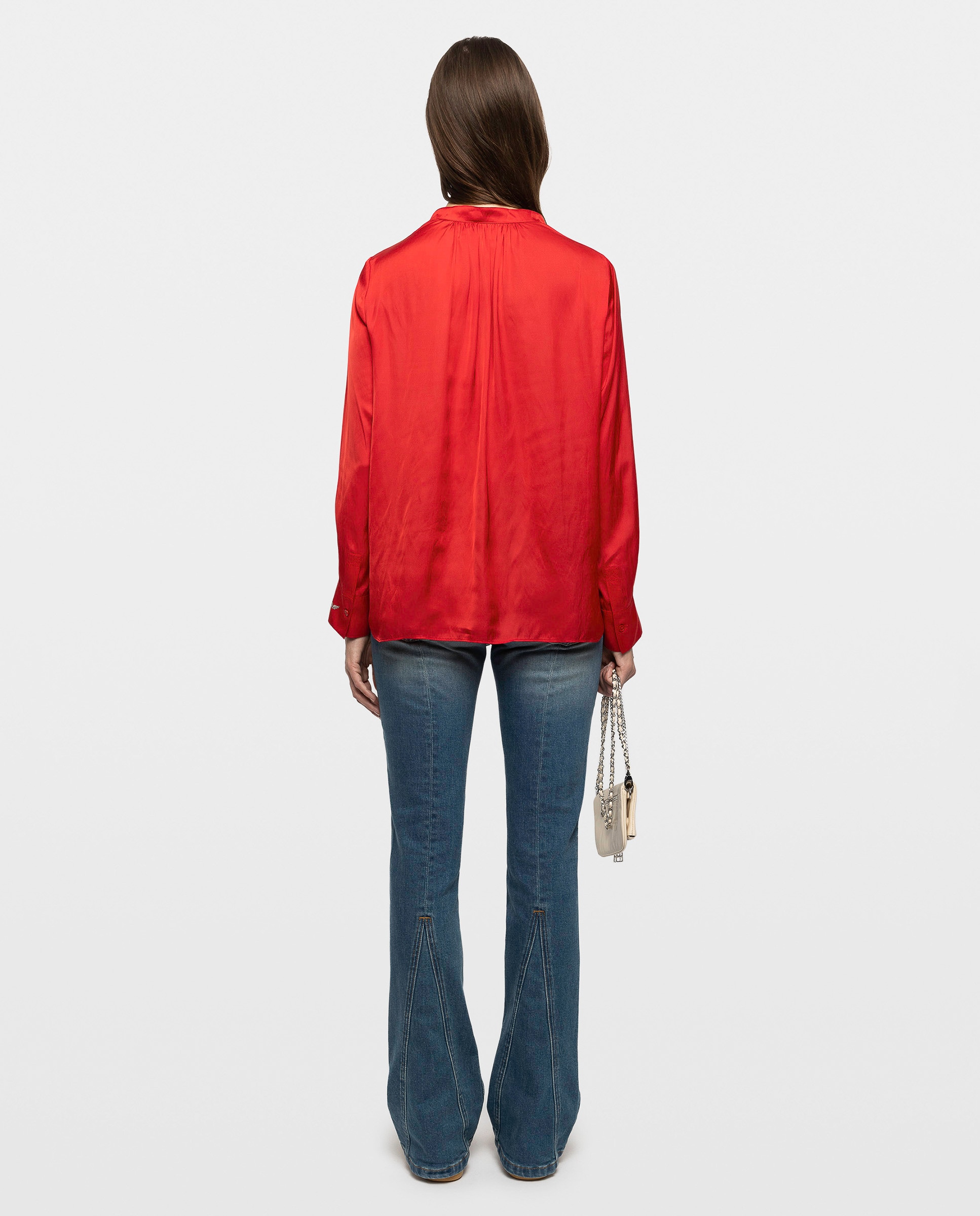 Blusa de mujer Tink satinada con escote de pico - Rojo Rojo-2