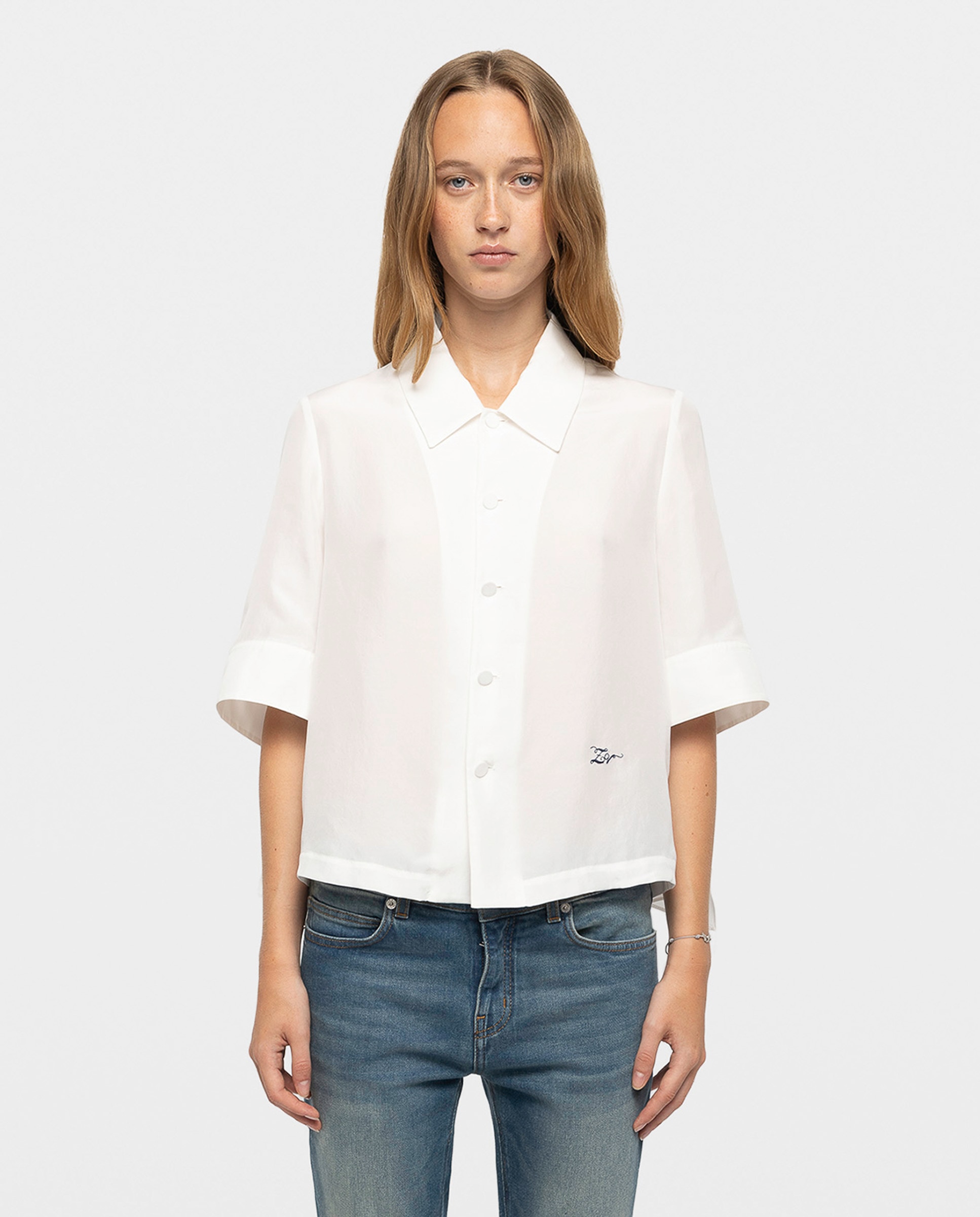 Camisa de mujer 100% seda de mangas 3/4 con bajo abierto, lazo y bordado - Zadig & Voltaire - Blanco Blanco-1
