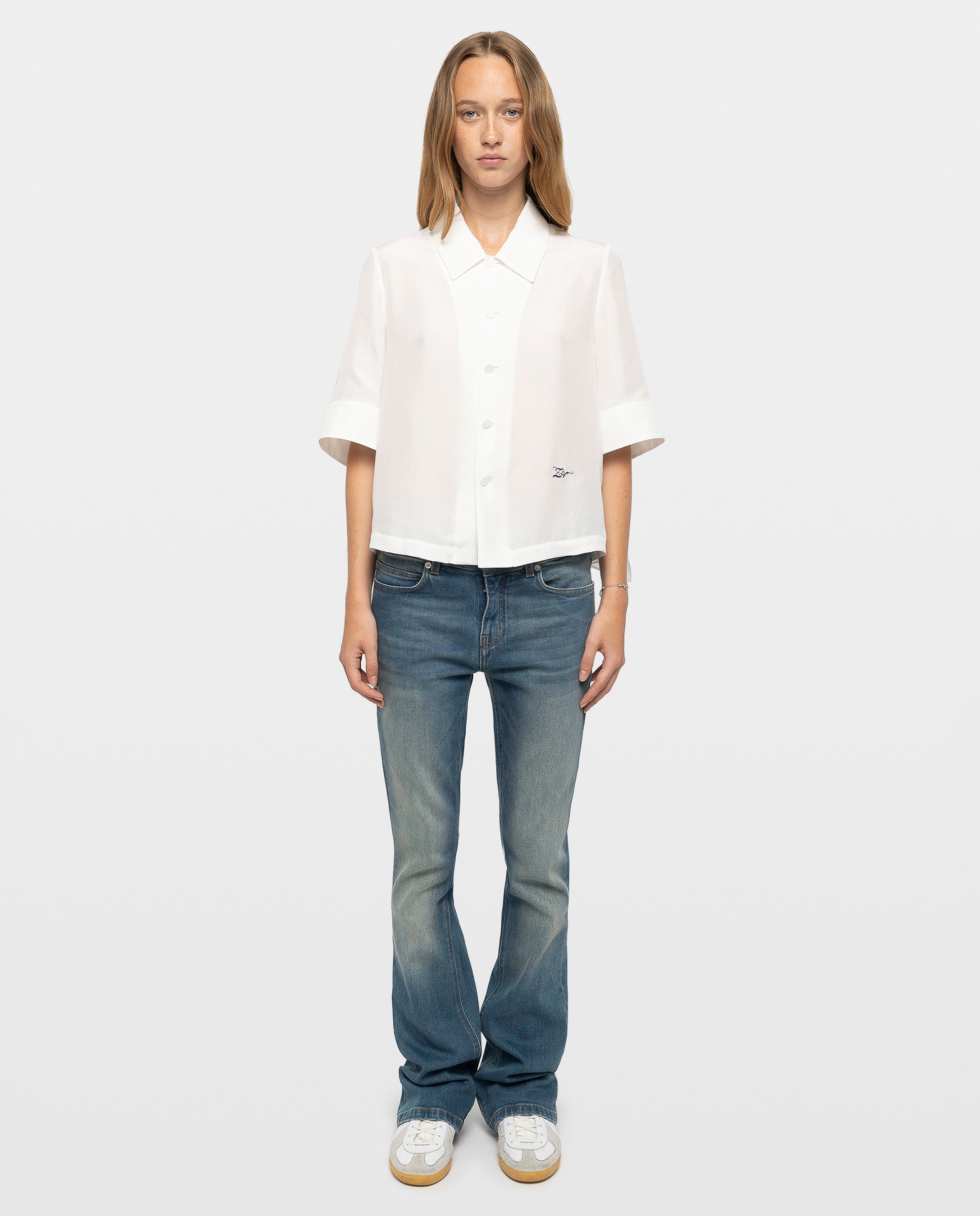 Camisa de mujer 100% seda de mangas 3/4 con bajo abierto, lazo y bordado - Zadig & Voltaire - Blanco Blanco-3
