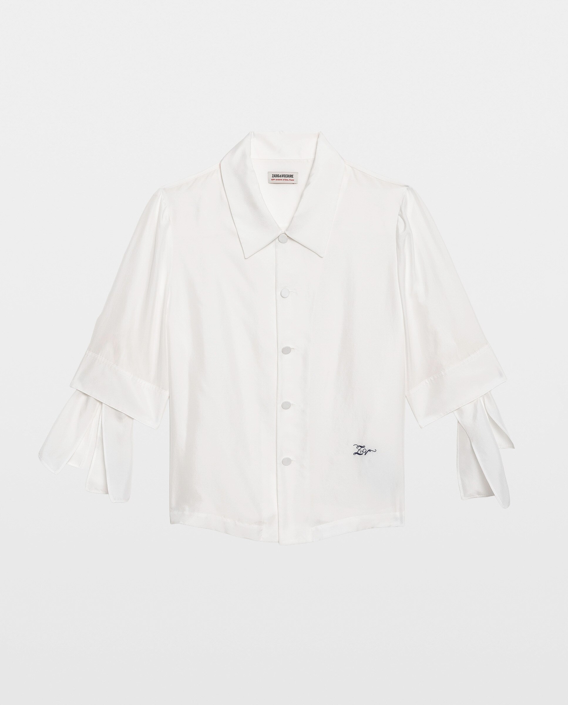 Camisa de mujer 100% seda de mangas 3/4 con bajo abierto, lazo y bordado - Zadig & Voltaire - Blanco Blanco-6
