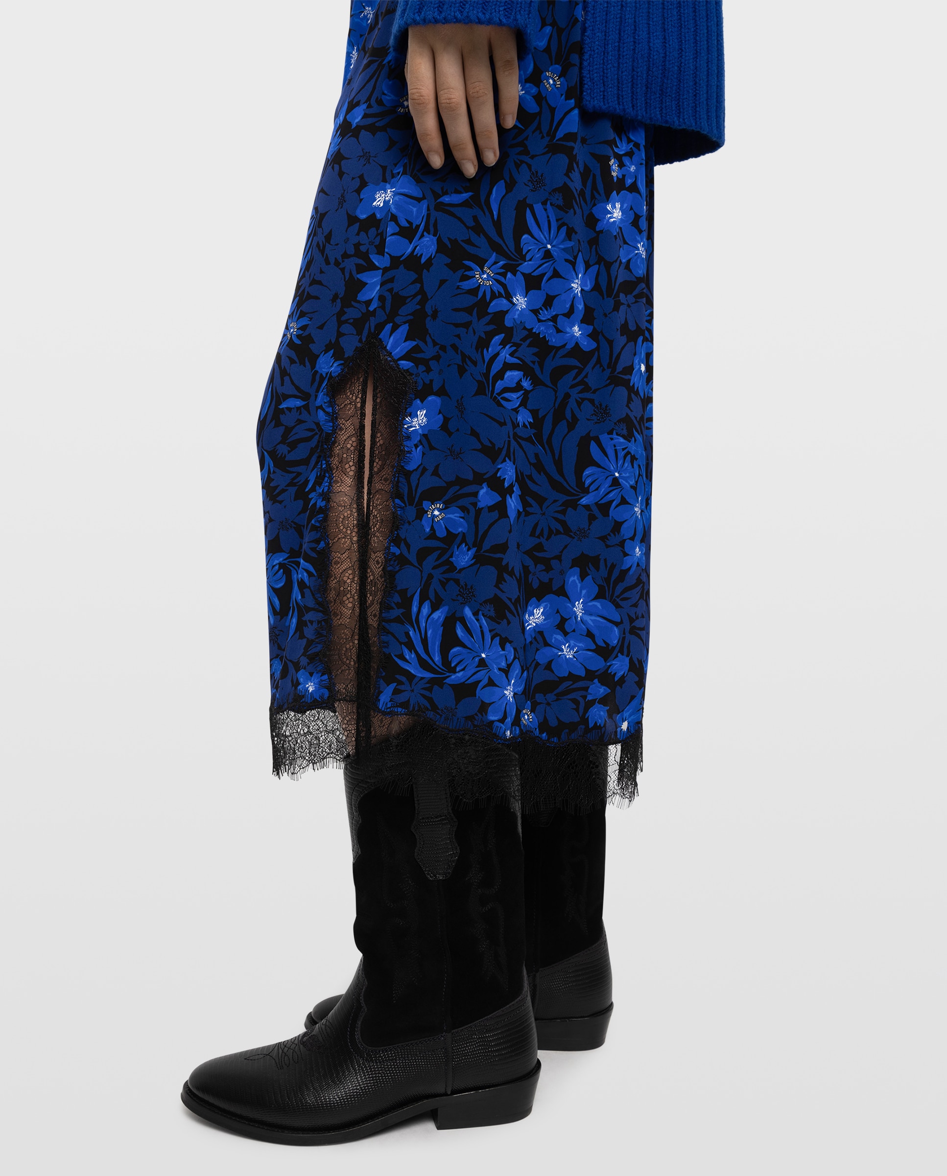 Falda midi lencera estampada de viscosa con encaje - Zadig & Voltaire - Azul eléctrico Azul eléctrico-4
