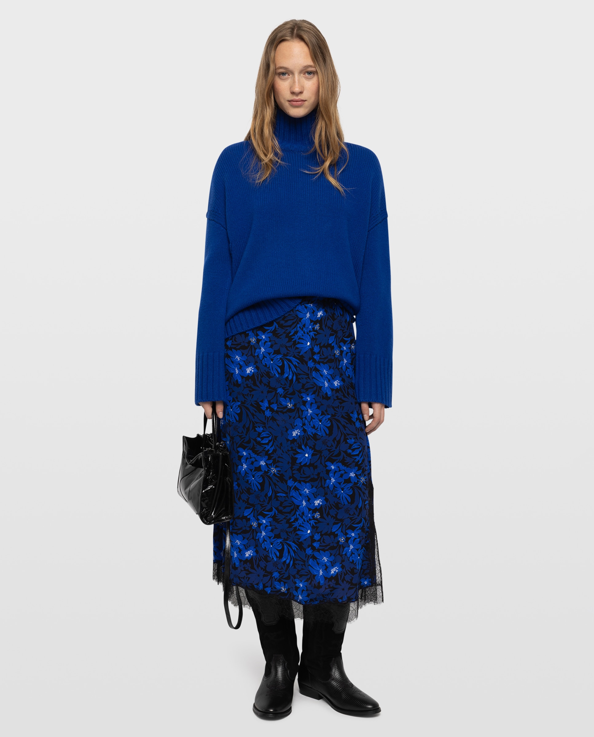 Falda midi lencera estampada de viscosa con encaje - Zadig & Voltaire - Azul eléctrico Azul eléctrico-5
