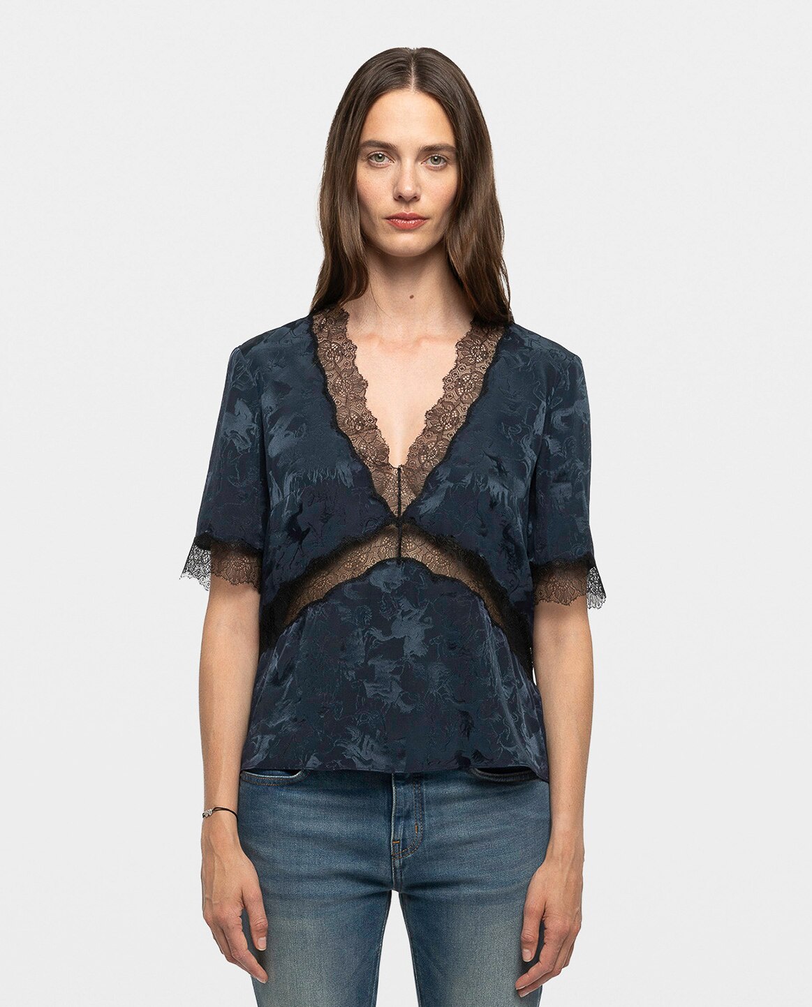Top lencero de mujer 100% seda de manga corta - Zadig & Voltaire - Azul marino Azul marino-1