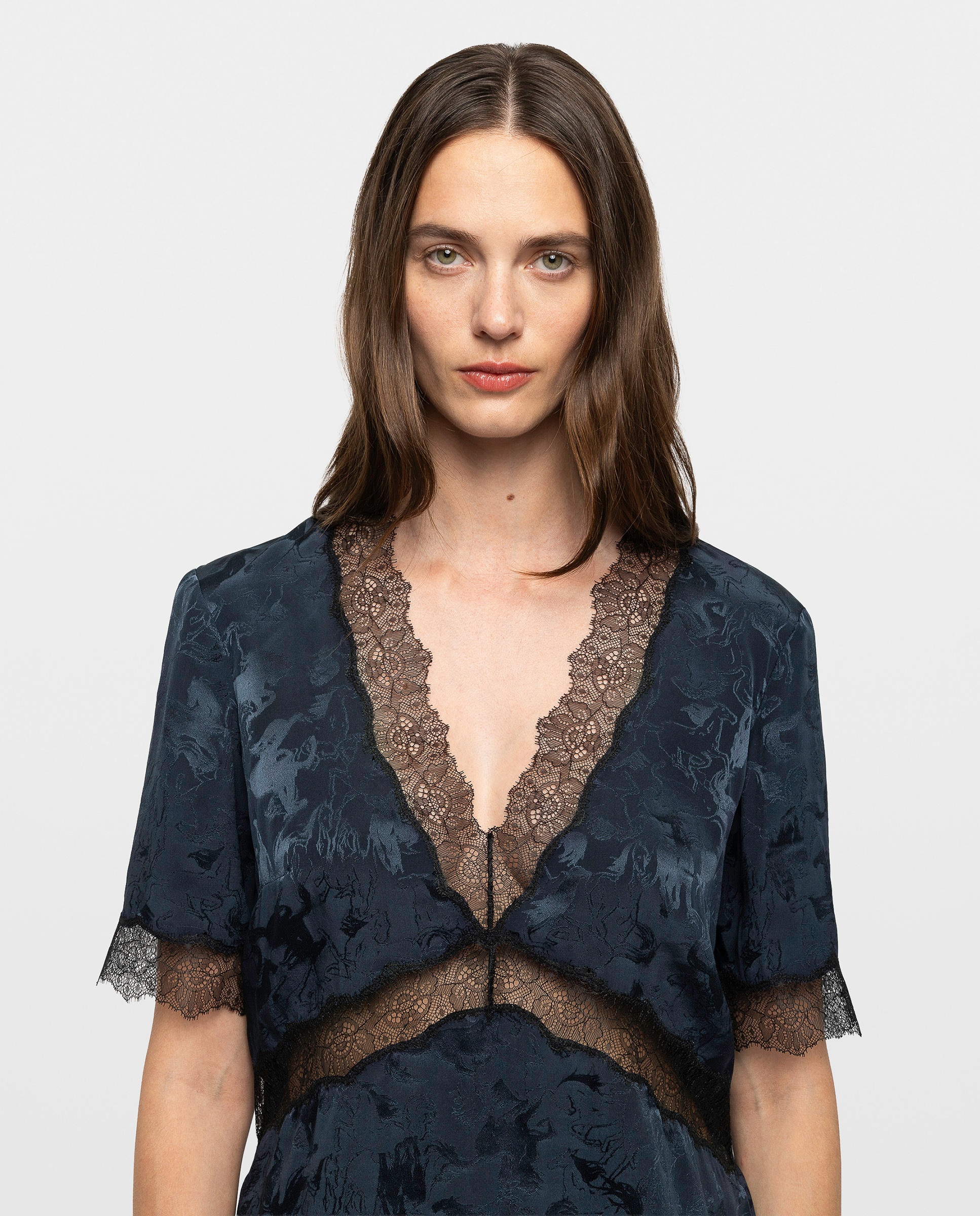 Top lencero de mujer 100% seda de manga corta - Zadig & Voltaire - Azul marino Azul marino-4