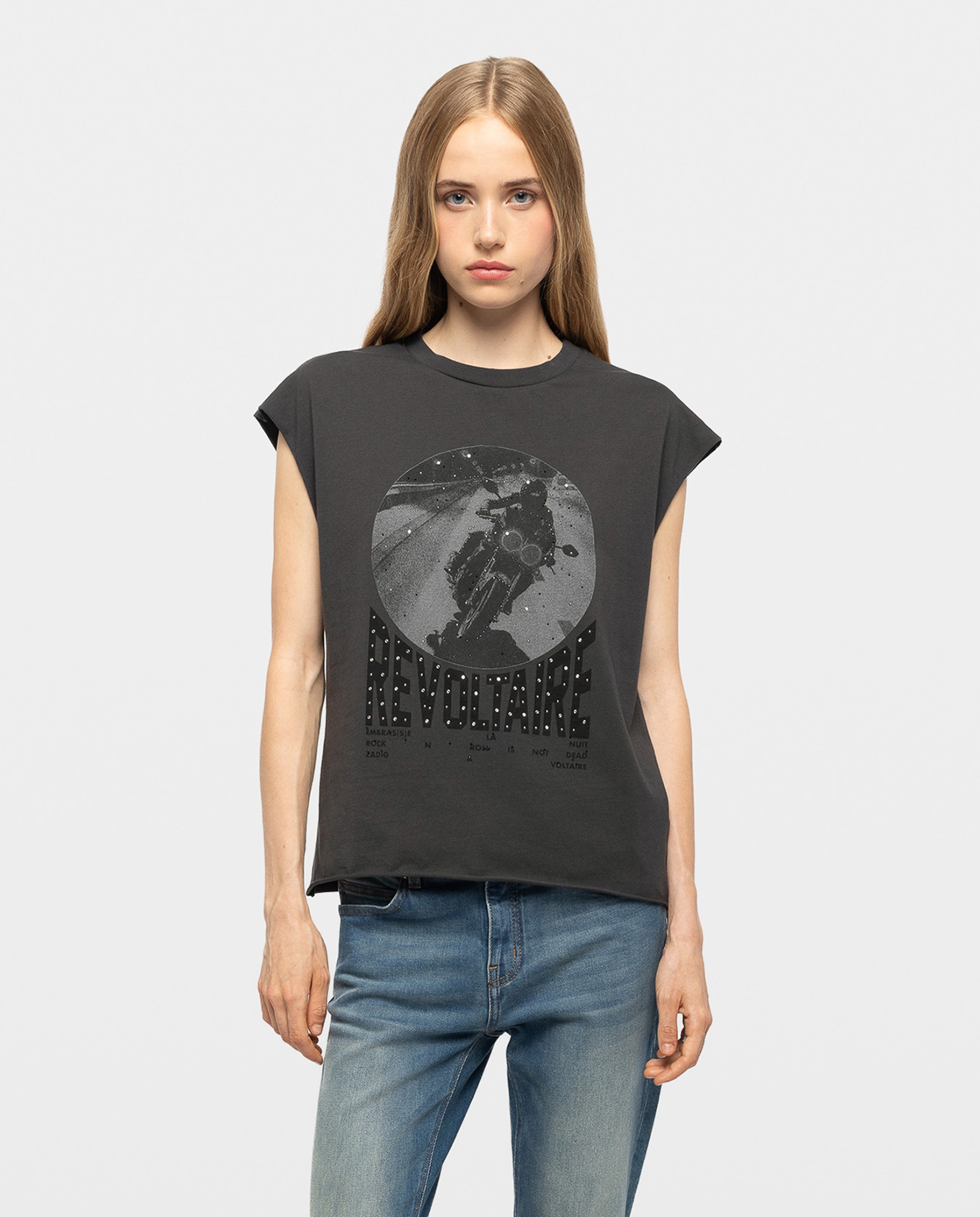 Camiseta de mujer sin mangas con estampado de moto y strass en algodón - Zadig & Voltaire - Gris oscuro Gris oscuro-1