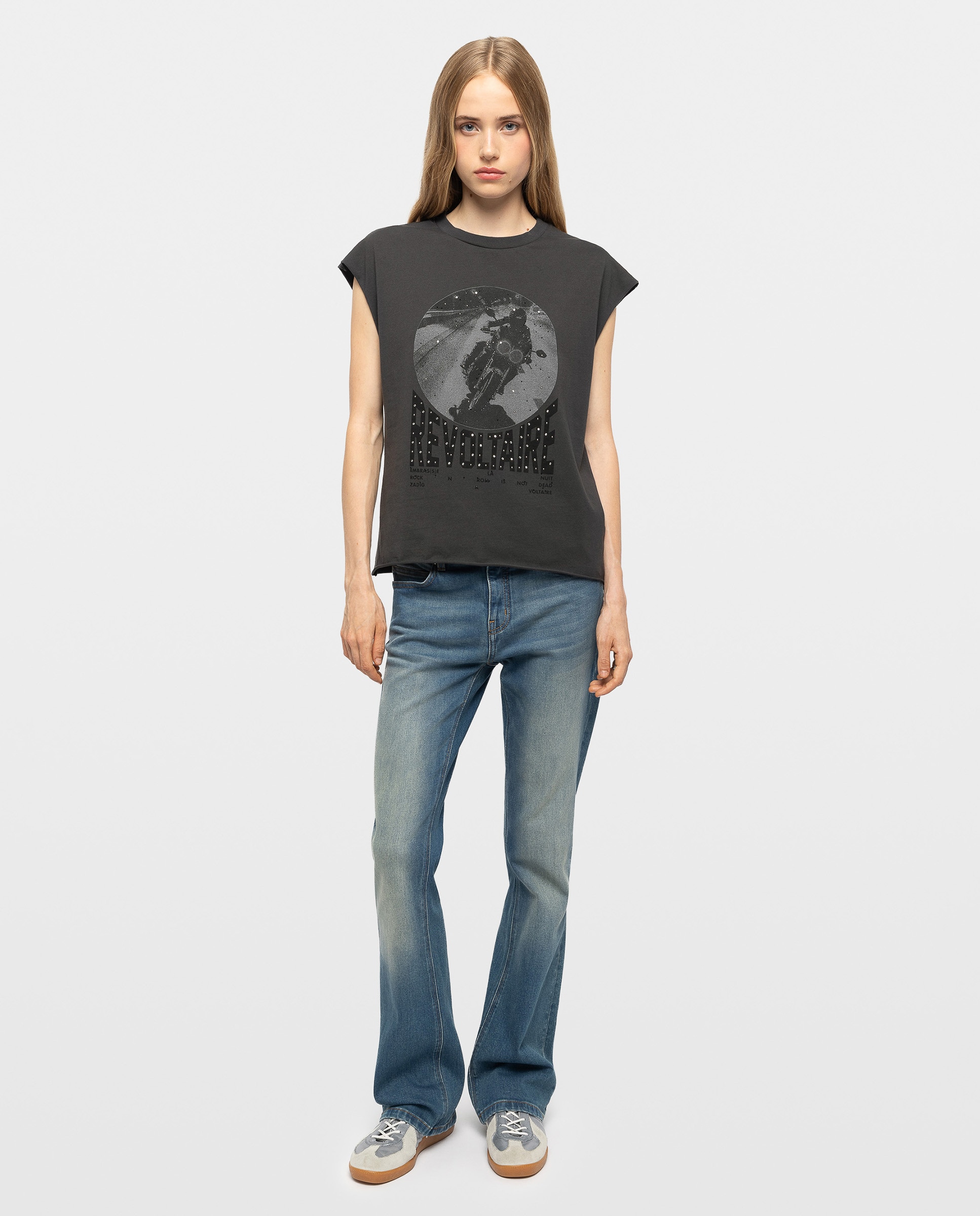 Camiseta de mujer sin mangas con estampado de moto y strass en algodón - Zadig & Voltaire - Gris oscuro Gris oscuro-3