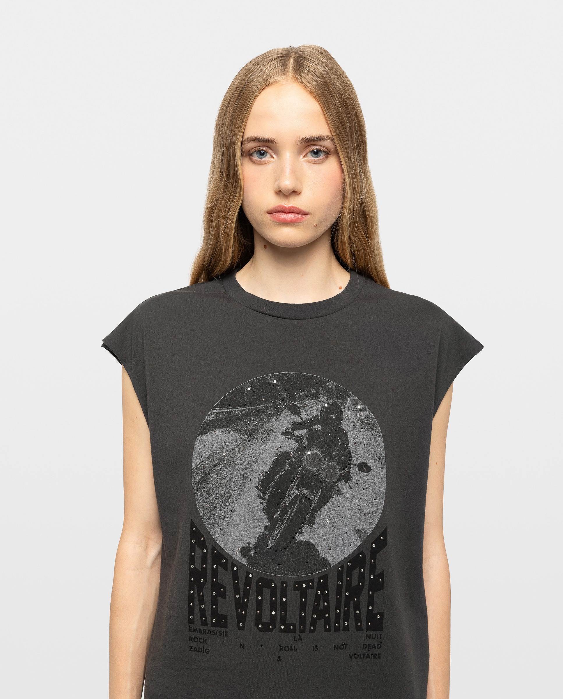 Camiseta de mujer sin mangas con estampado de moto y strass en algodón - Zadig & Voltaire - Gris oscuro Gris oscuro-4