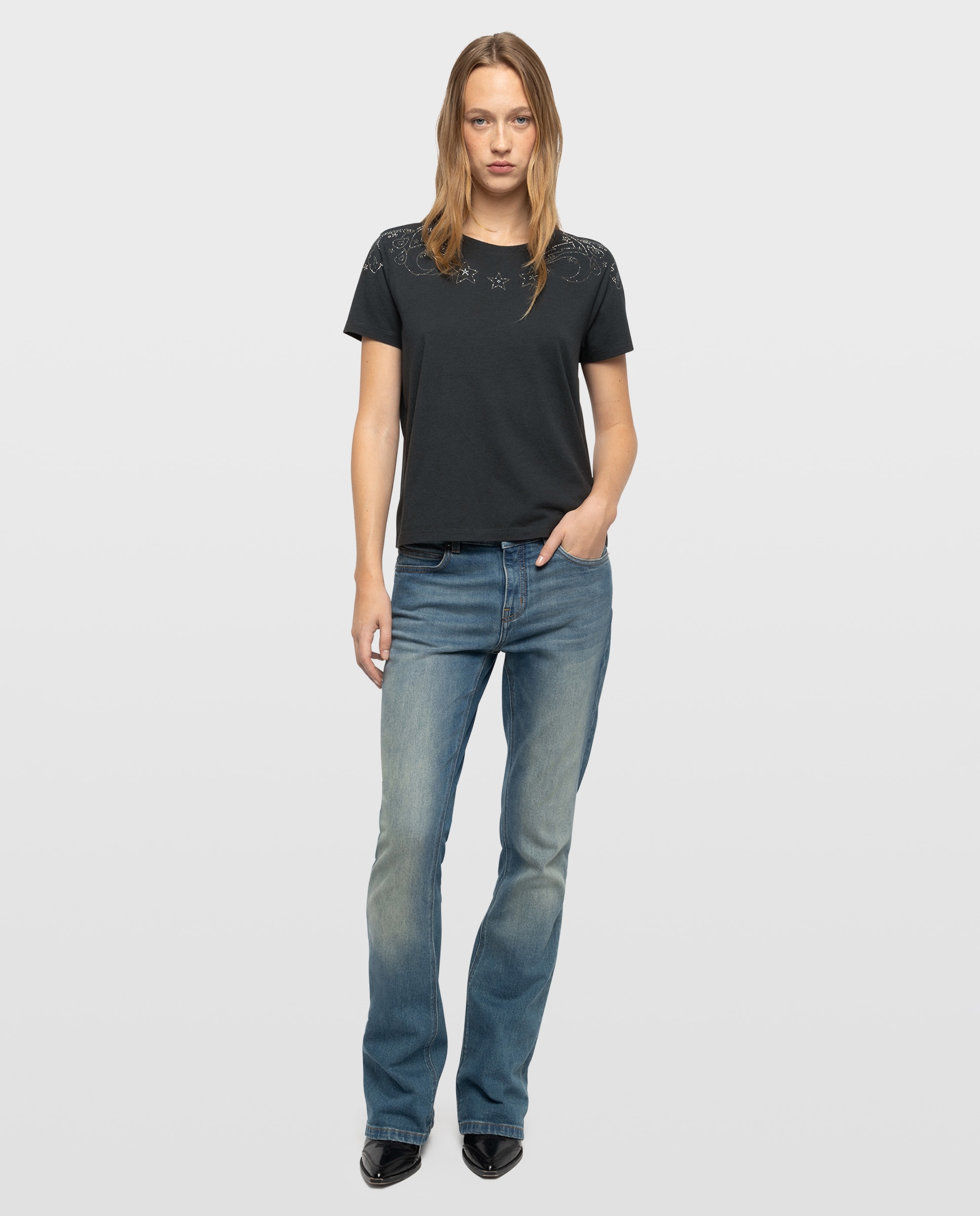 Imagen 1 de Camiseta de mujer 100% algodón de manga corta con strass Gris oscuro