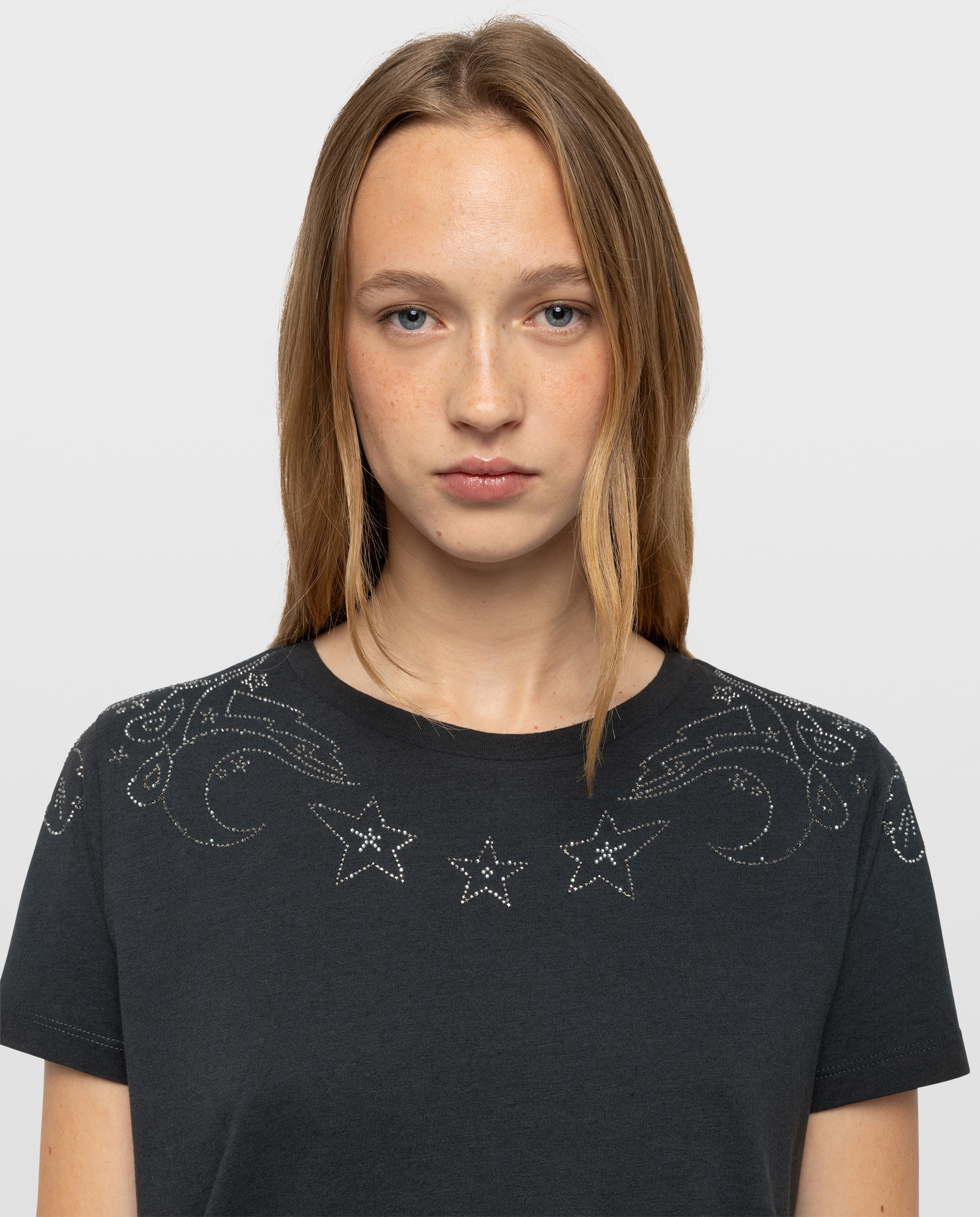Imagen 3 de Camiseta de mujer 100% algodón de manga corta con strass - Zadig & Voltaire - Gris oscuro Gris oscuro