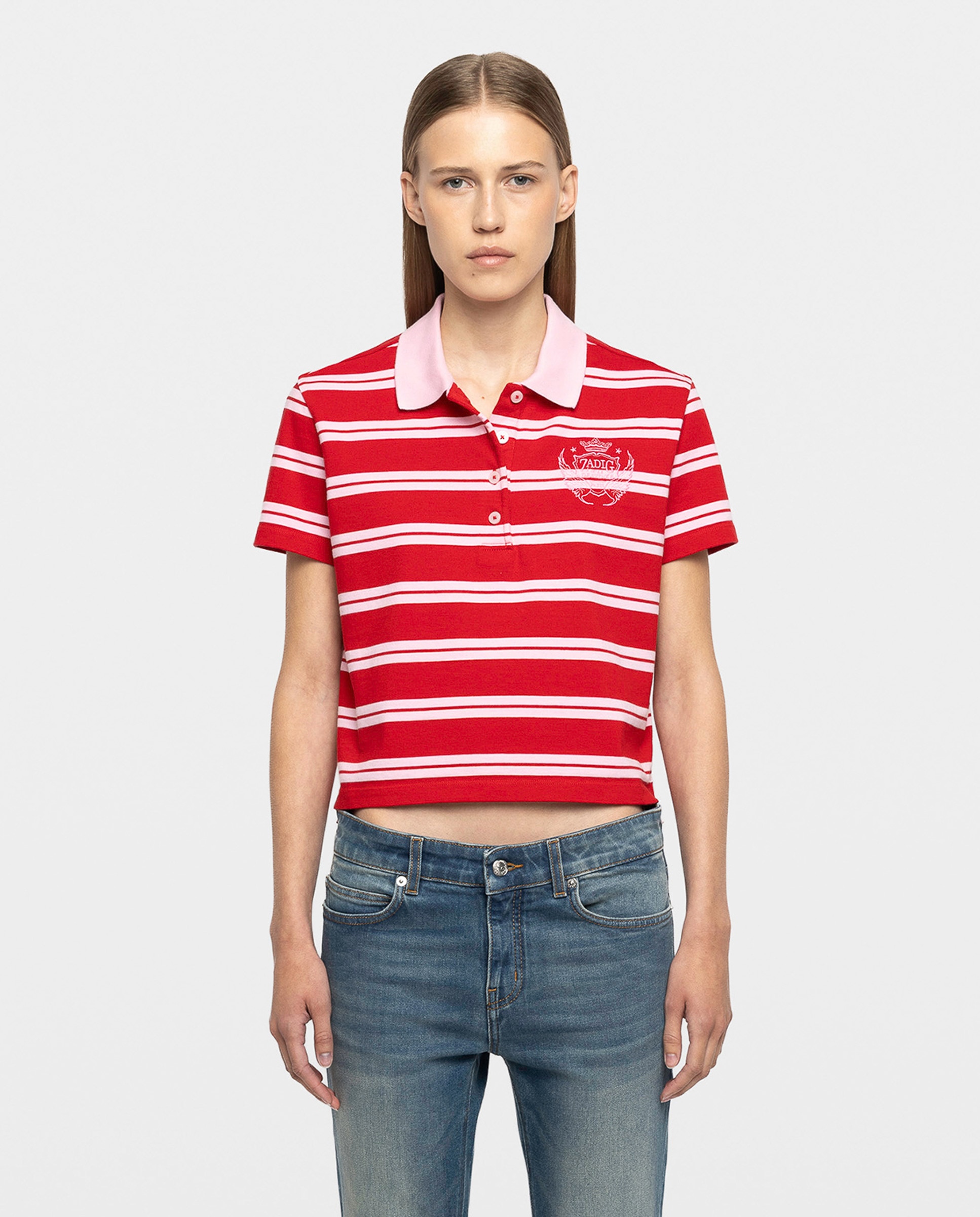Polo de mujer de rayas con blasón bordado de mangas cortas de algodón - Zadig & Voltaire - Rojo Rojo-1