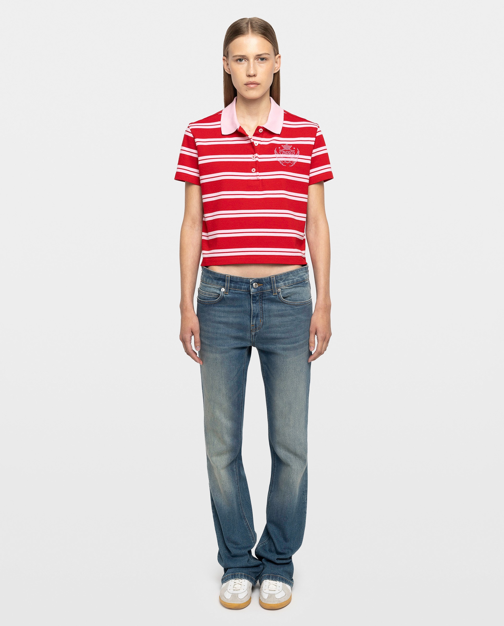 Polo de mujer de rayas con blasón bordado de mangas cortas de algodón - Zadig & Voltaire - Rojo Rojo-3