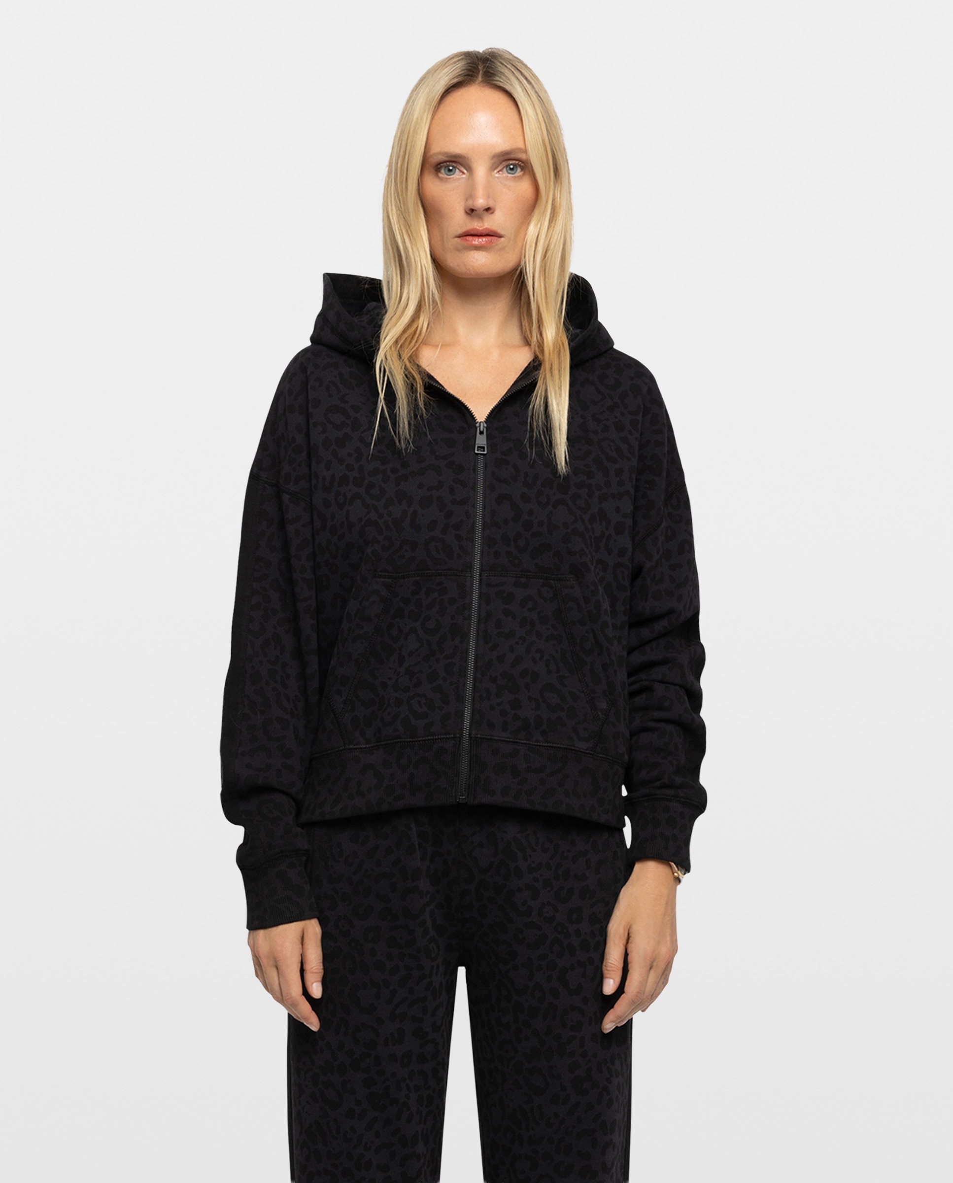 Sudadera con cremallera de mujer con capucha de manga larga con estampado de leopardo de algodón - Zadig & Voltaire - Gris oscuro Gris oscuro-1