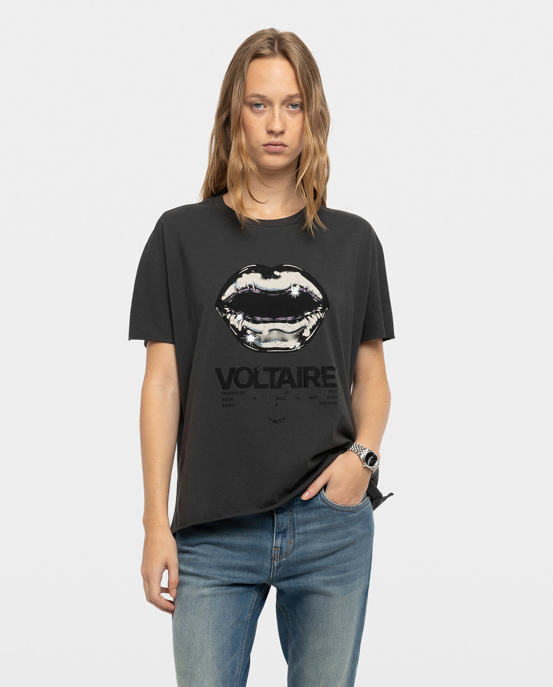 Imagen 0 de Camiseta de mujer de manga corta con estampado y strass Gris oscuro