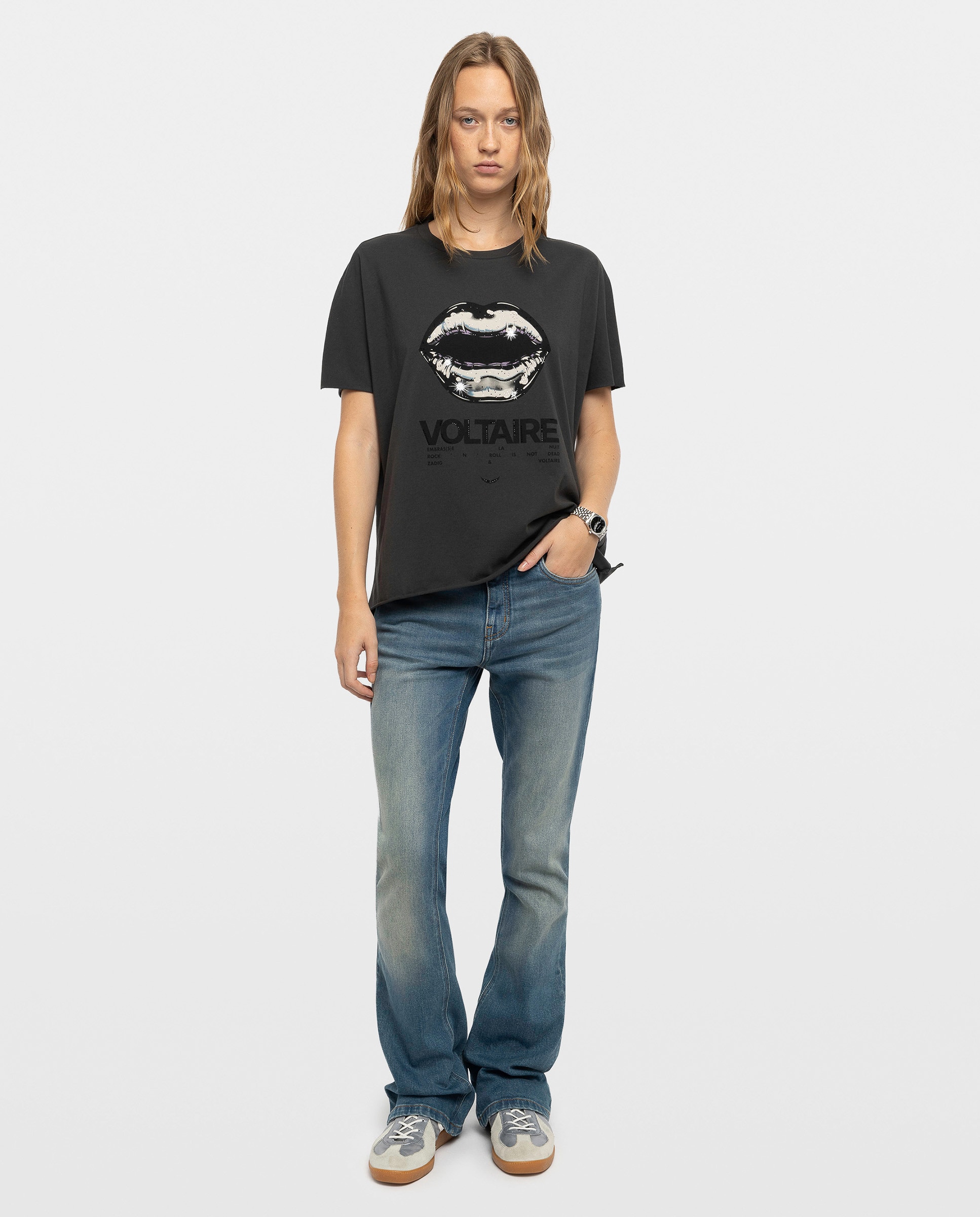 Camiseta de mujer de manga corta con estampado y strass - Zadig & Voltaire - Gris oscuro Gris oscuro-3