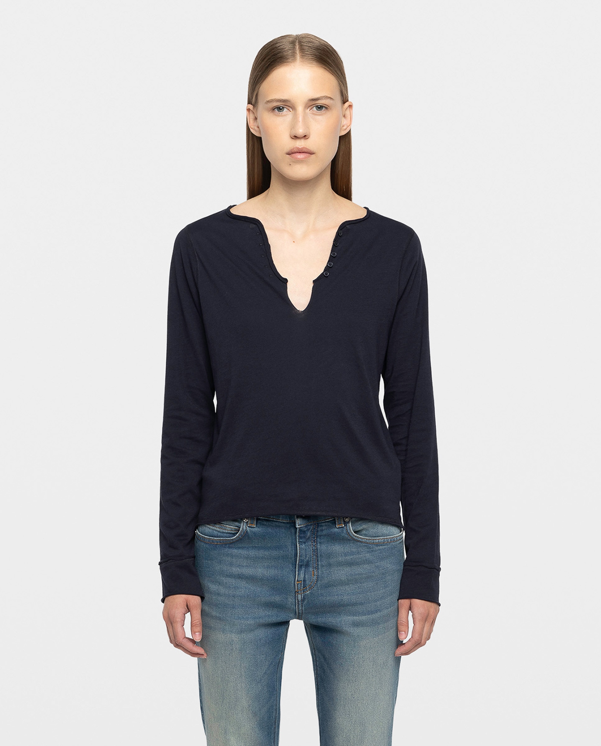 Camiseta de mujer tunecina de manga larga de algodón con alas de strass - Zadig & Voltaire - Azul marino Azul marino-1