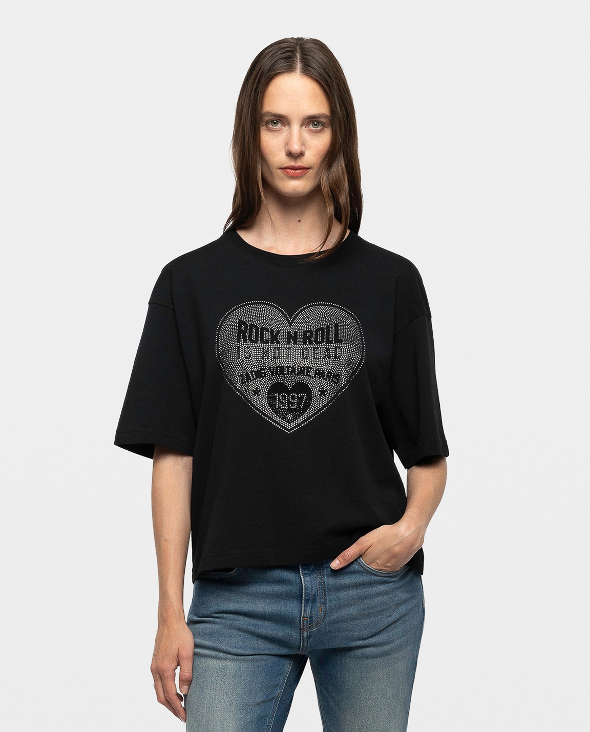 Camiseta de mujer de manga corta de algodón con corazón de strass - Zadig & Voltaire - Negro Negro-1